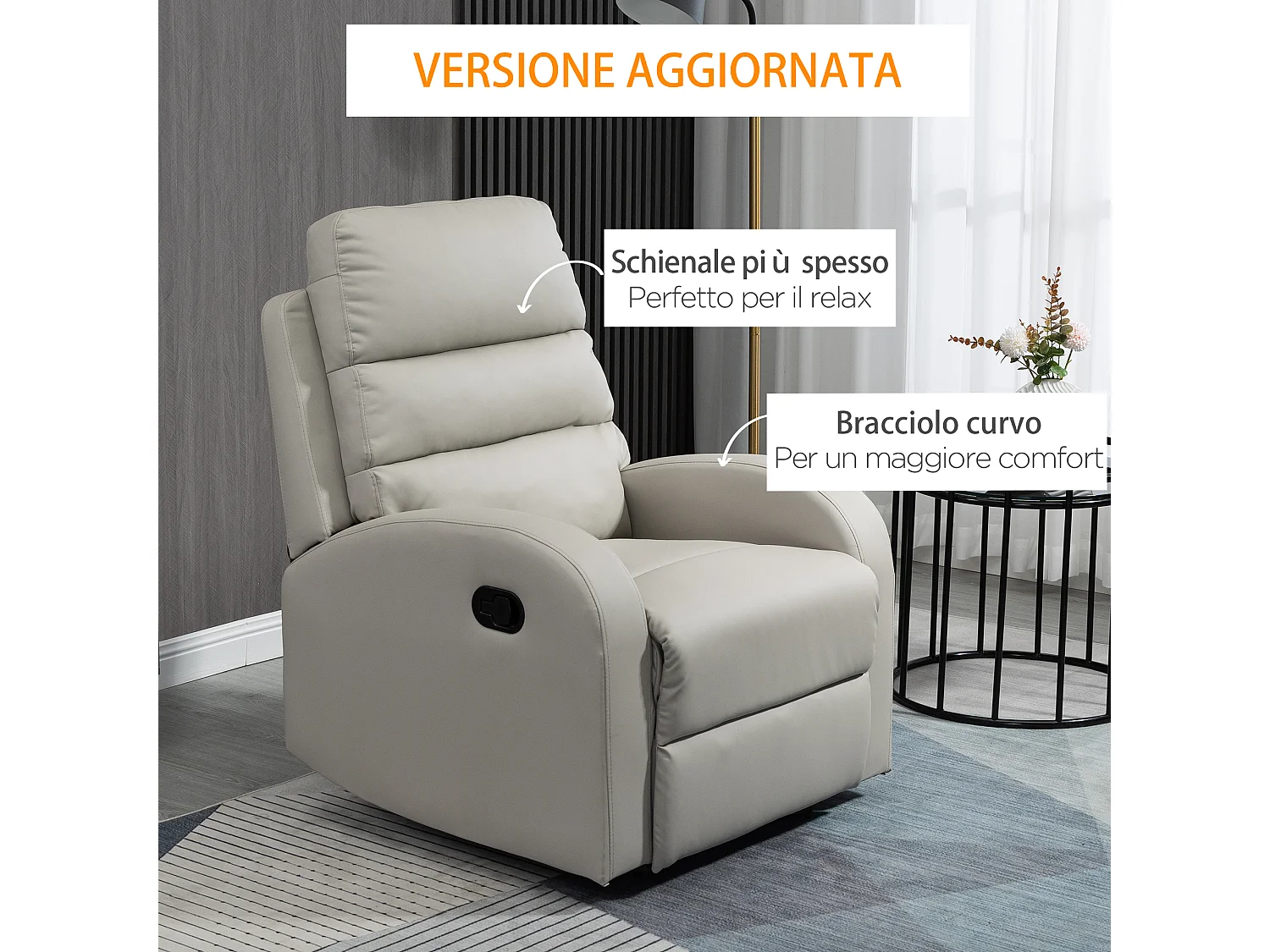 Poltrona reclinabile ergonomica in finta pelle con poggiapiedi grigio