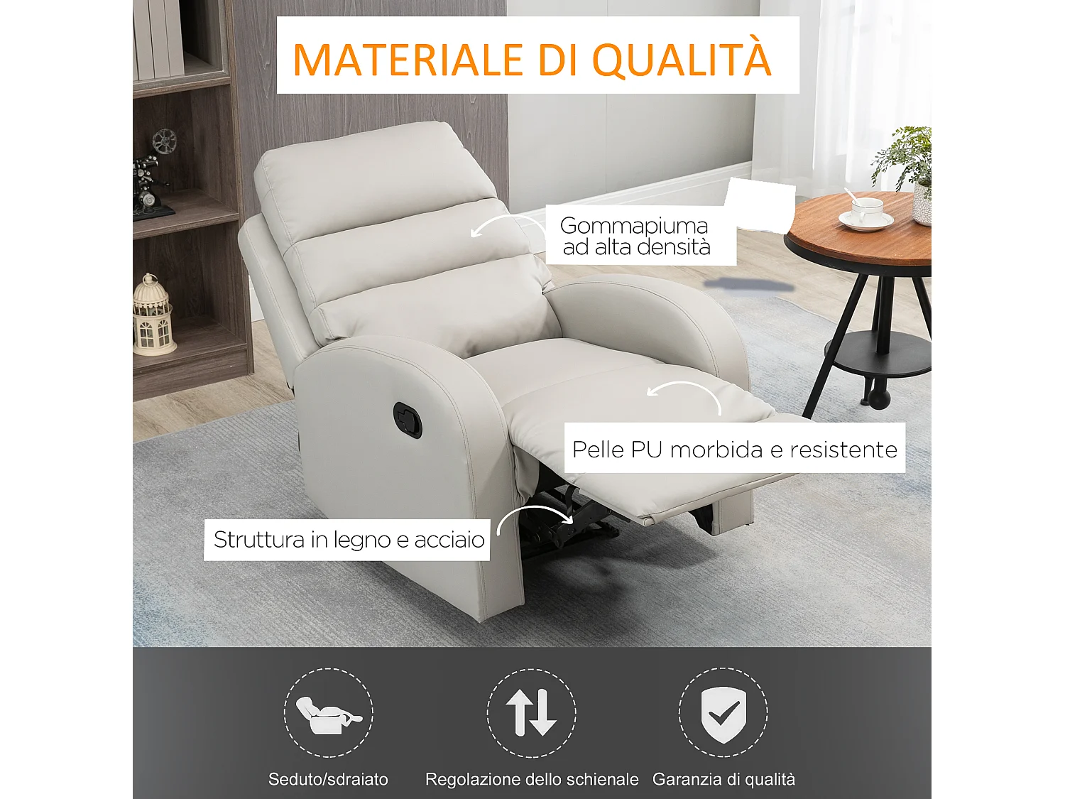 Poltrona reclinabile ergonomica in finta pelle con poggiapiedi grigio