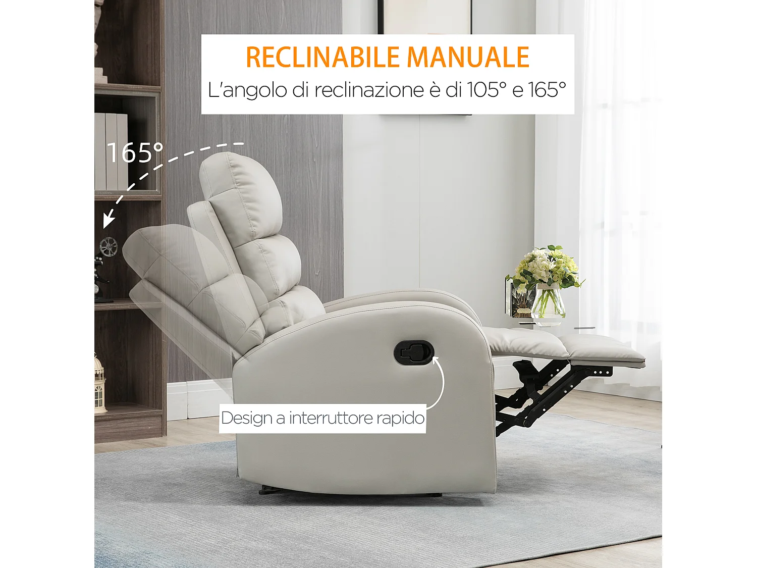 Poltrona reclinabile ergonomica in finta pelle con poggiapiedi grigio