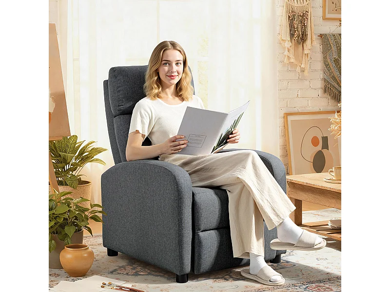 Poltrona relax reclinabile a 135° con poggiapiedi in tessuto grigio