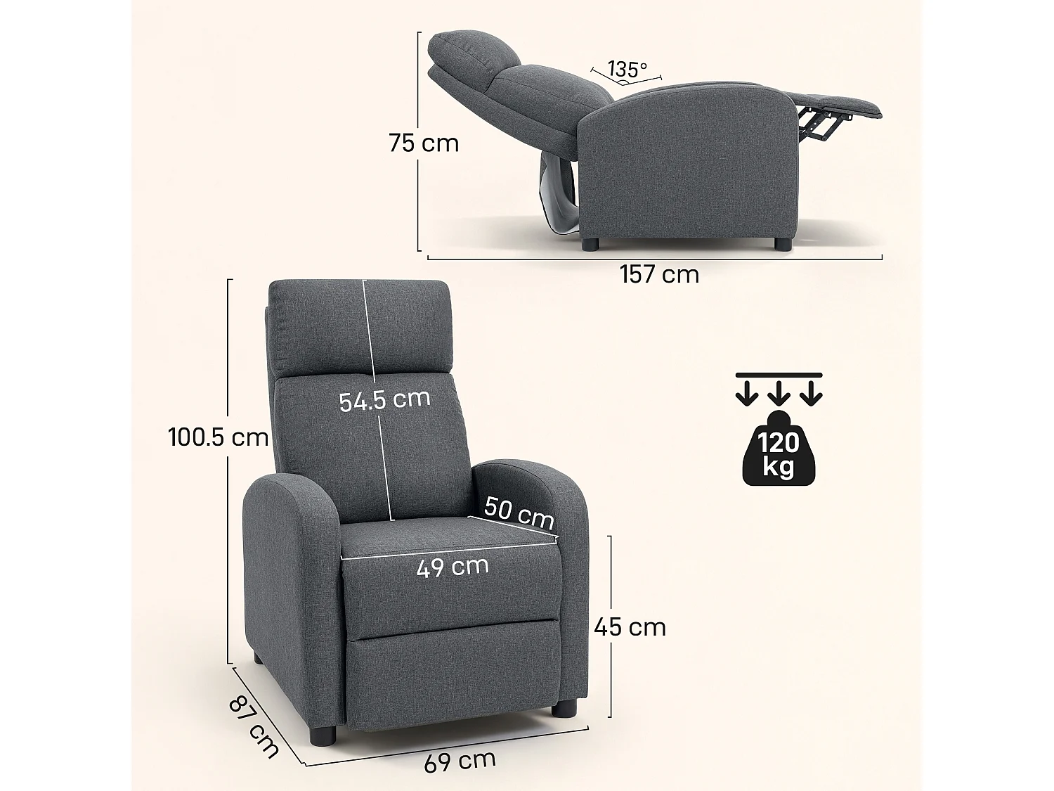 Poltrona relax reclinabile a 135° con poggiapiedi in tessuto grigio