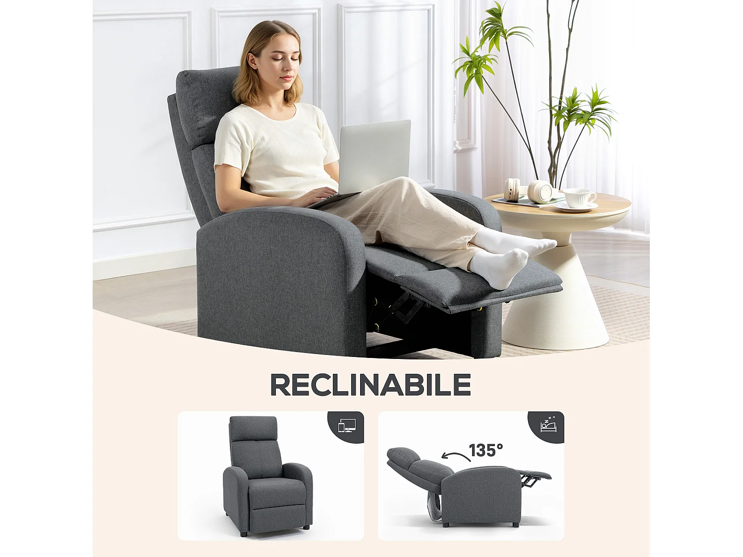 Poltrona relax reclinabile a 135° con poggiapiedi in tessuto grigio