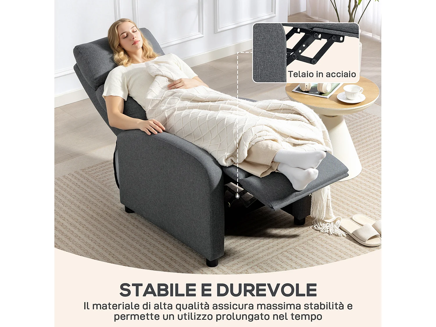 Poltrona relax reclinabile a 135° con poggiapiedi in tessuto grigio