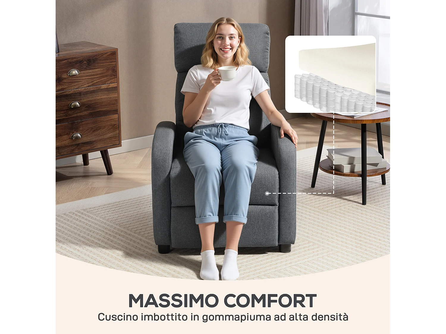 Poltrona relax reclinabile a 135° con poggiapiedi in tessuto grigio