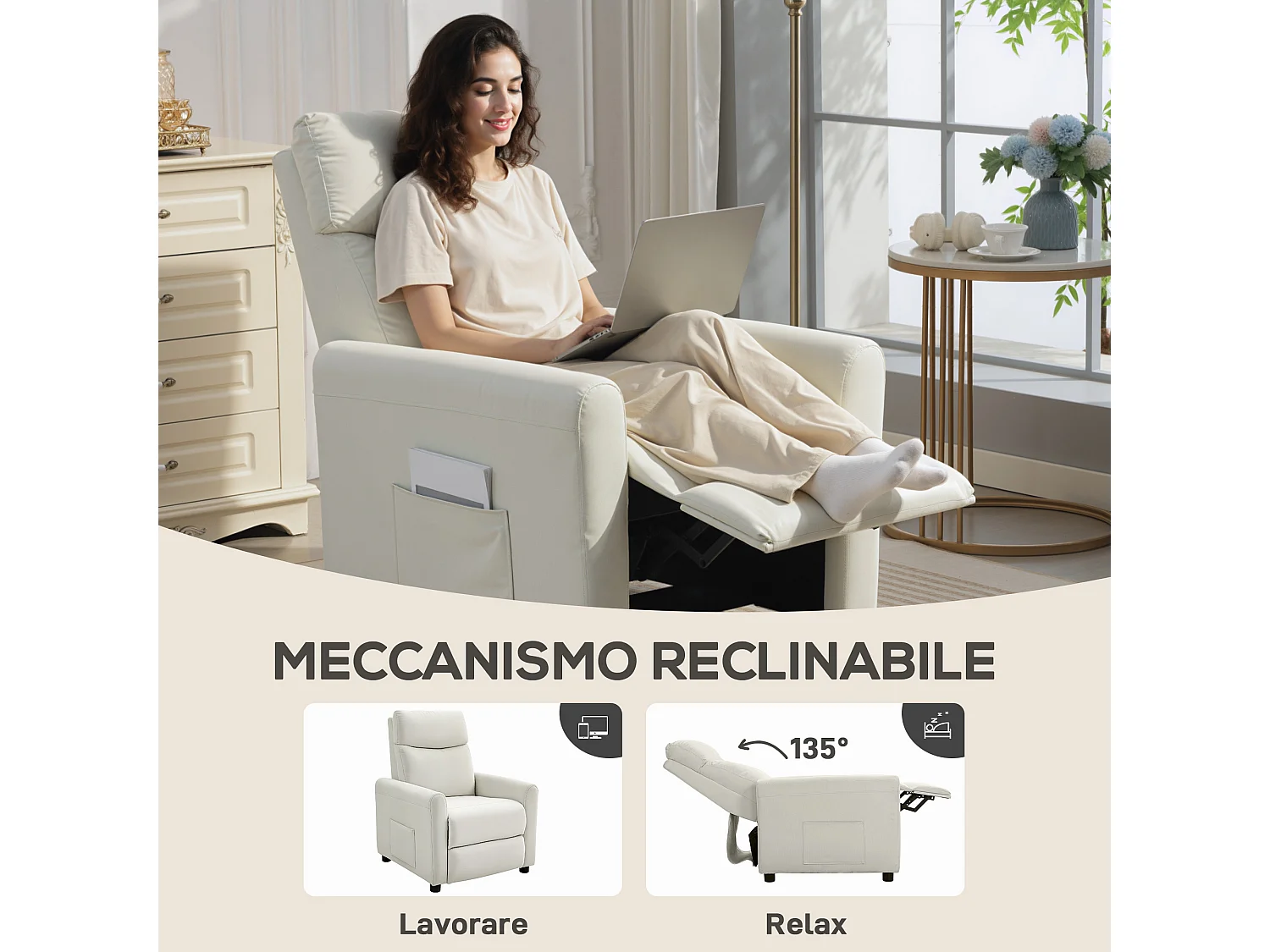 Poltrona reclinabile 135° max in tessuto effetto lino bianco crema