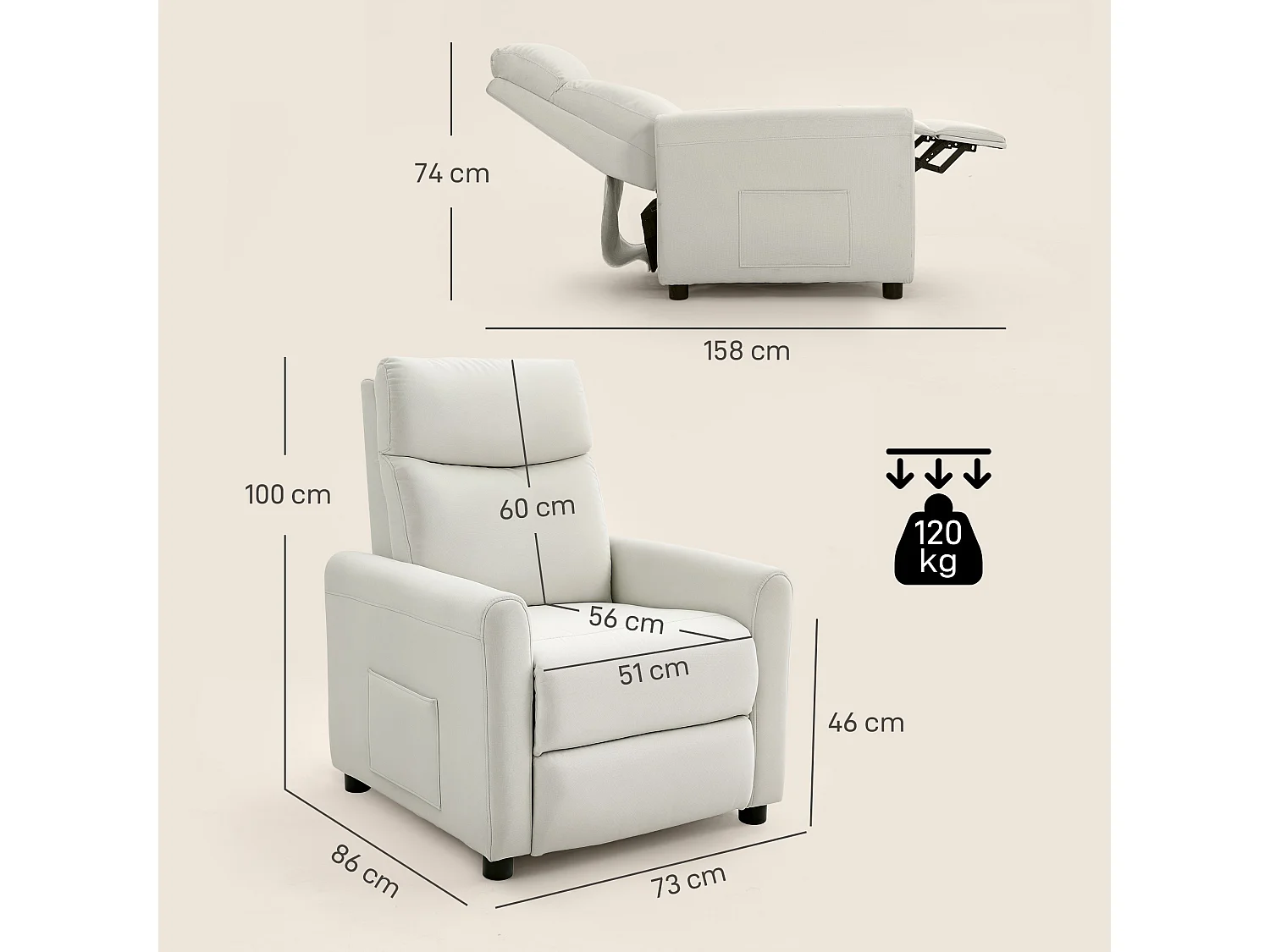 Poltrona reclinabile 135° max in tessuto effetto lino bianco crema