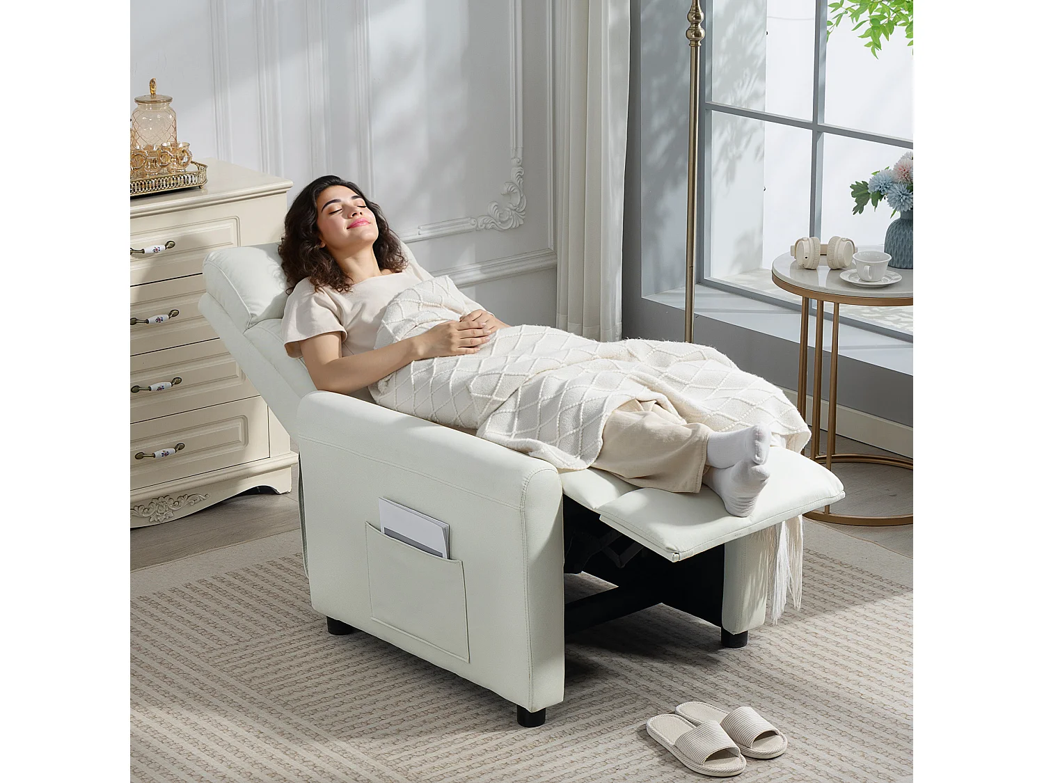 Poltrona reclinabile 135° max in tessuto effetto lino bianco crema