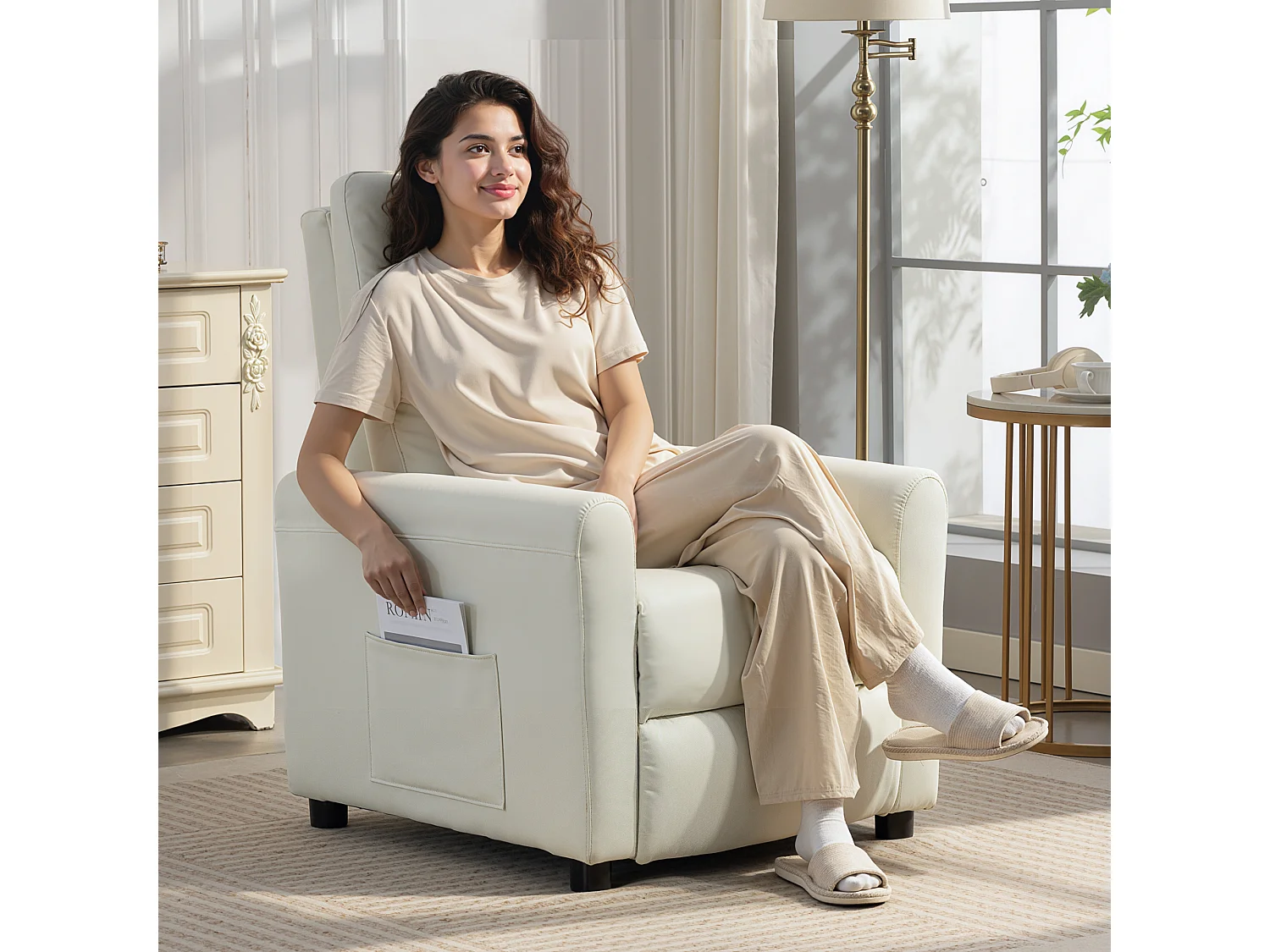 Poltrona reclinabile 135° max in tessuto effetto lino bianco crema