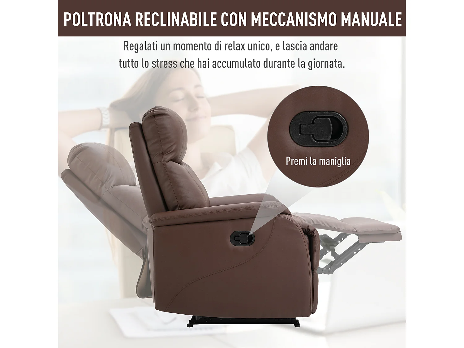 Poltrona relax con Sschienale reclinabile 145° in pelle pu marrone