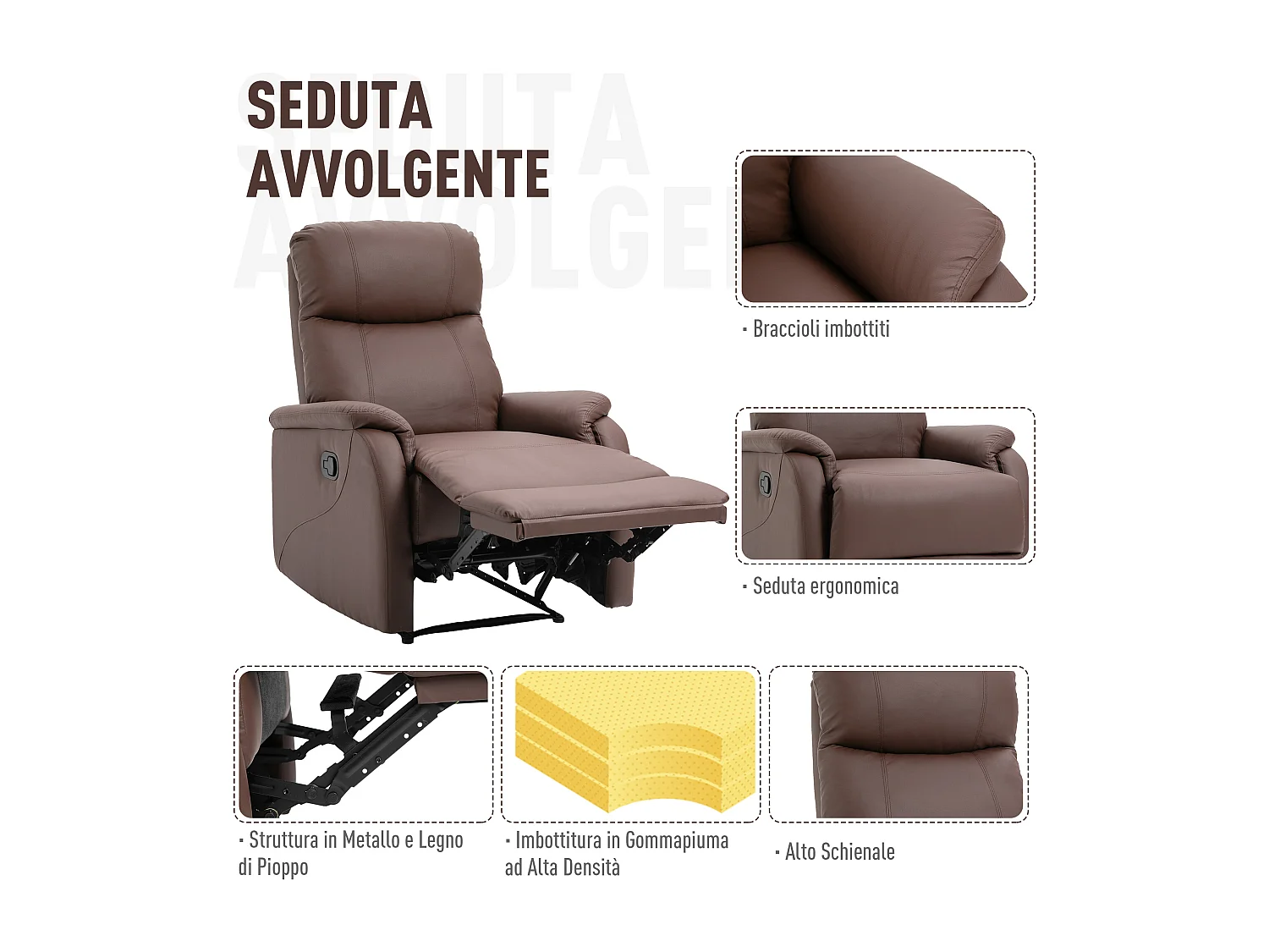 Poltrona relax con Sschienale reclinabile 145° in pelle pu marrone