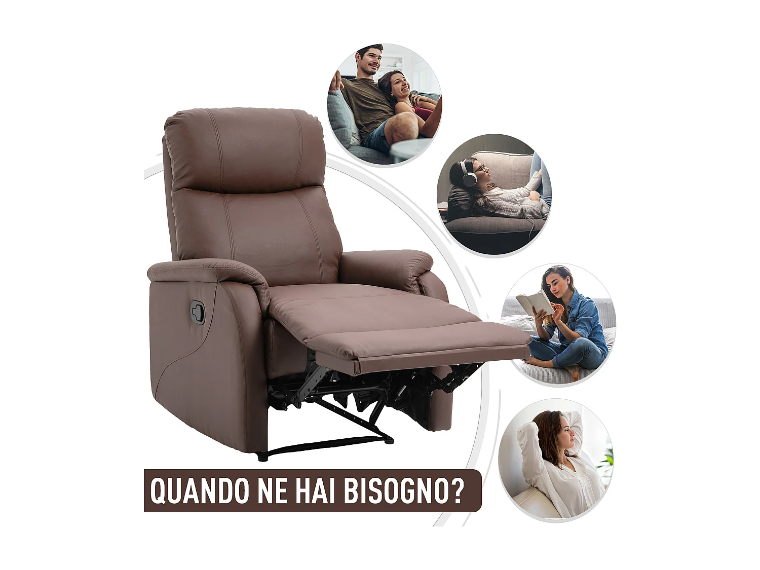 Poltrona relax con Sschienale reclinabile 145° in pelle pu marrone