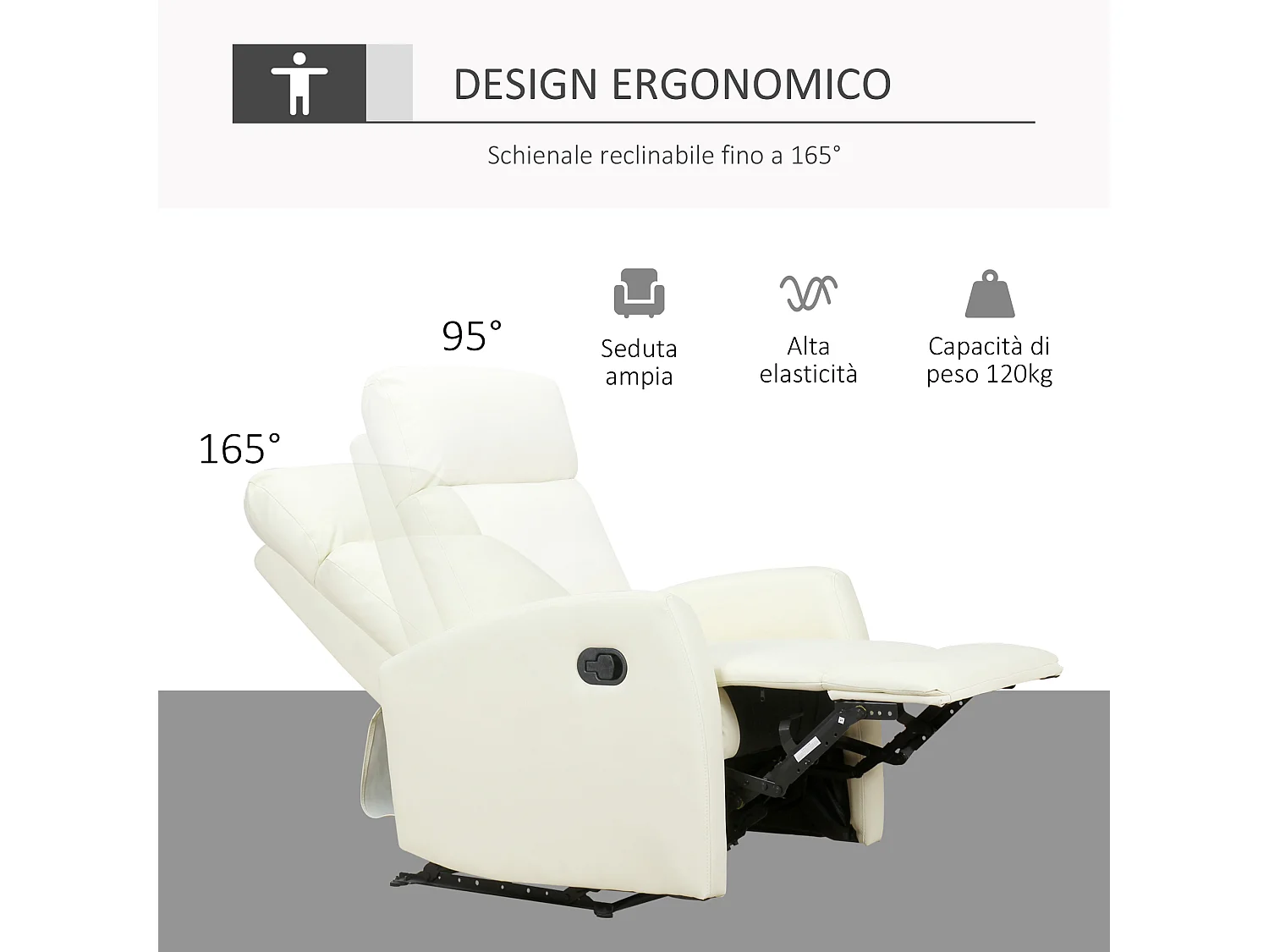 Poltrona relax reclinabile 170° in similpelle crema