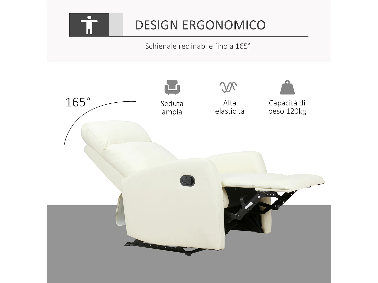 Poltrona relax reclinabile 170° in similpelle crema