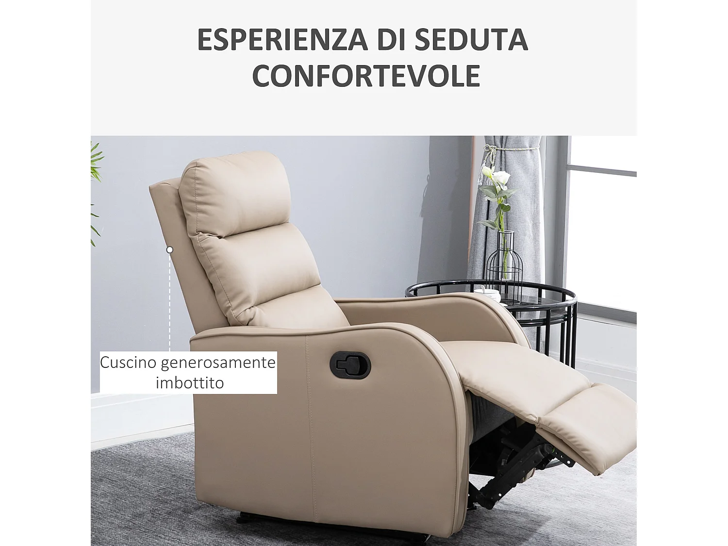 Poltrona reclinabile in pelle pu con poggiapiedi marrone chiaro