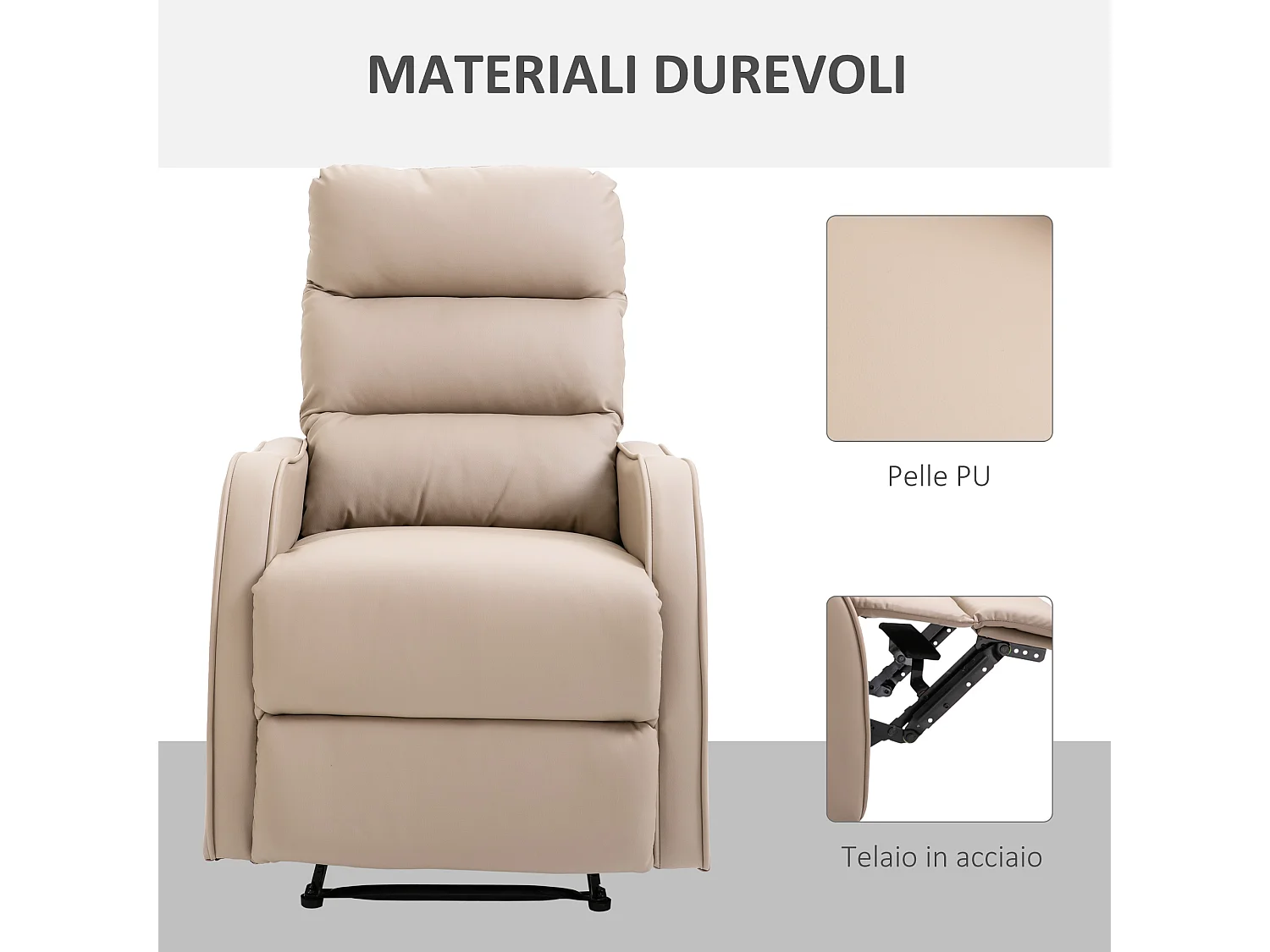 Poltrona reclinabile in pelle pu con poggiapiedi marrone chiaro