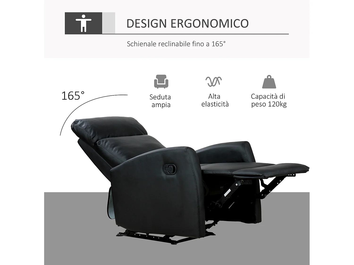 Poltrona relax ergonomica e reclinabile in finta pelle nera