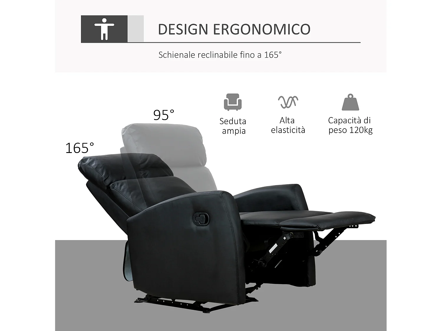 Poltrona relax ergonomica e reclinabile in finta pelle nera