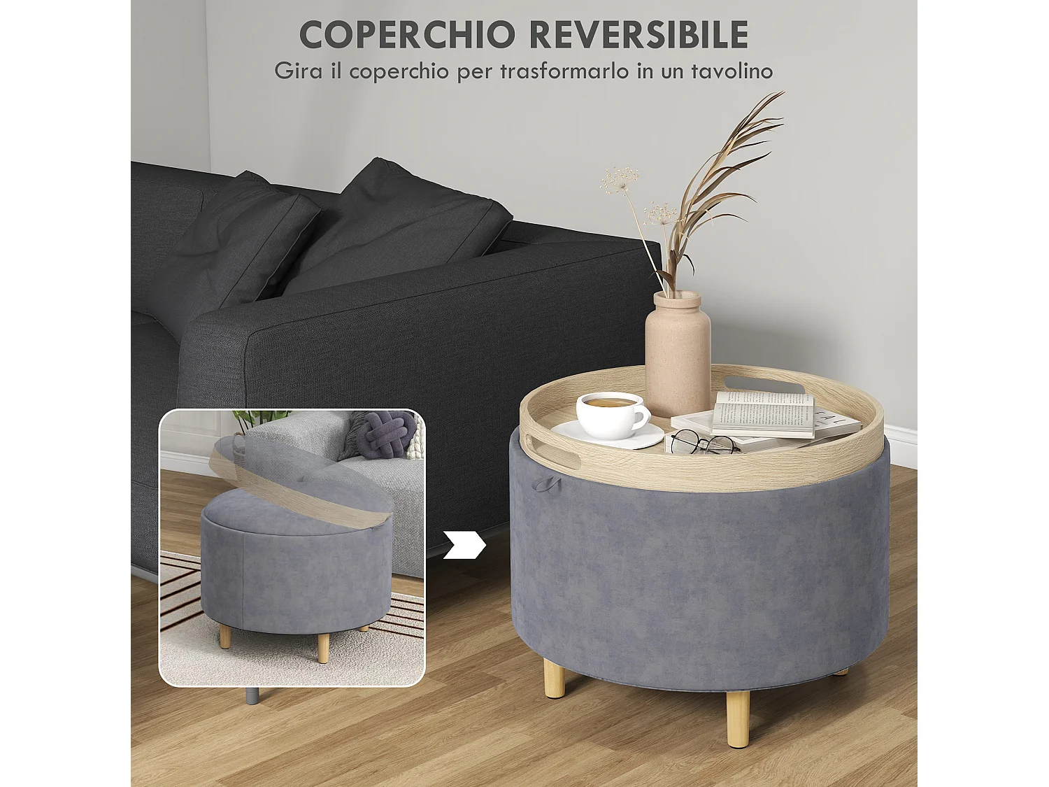 Pouf contenitore tessuto sherpa con vassoio a ribalta grigio