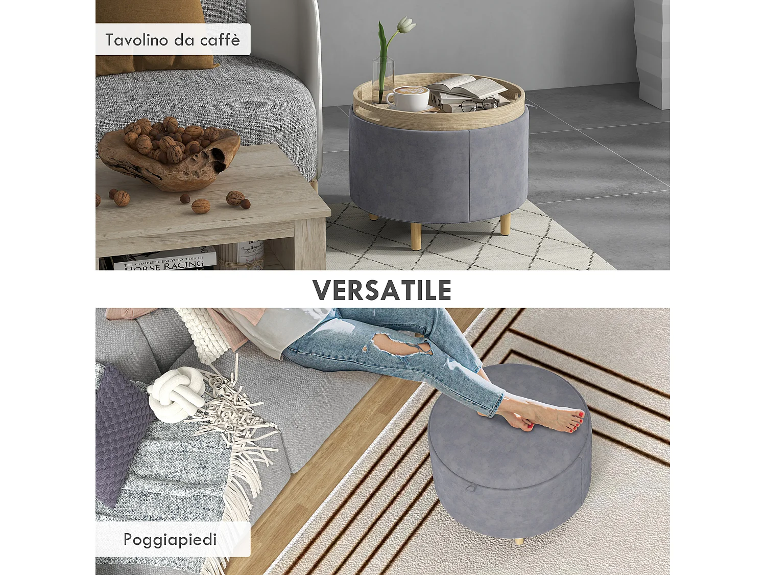 Pouf contenitore tessuto sherpa con vassoio a ribalta grigio