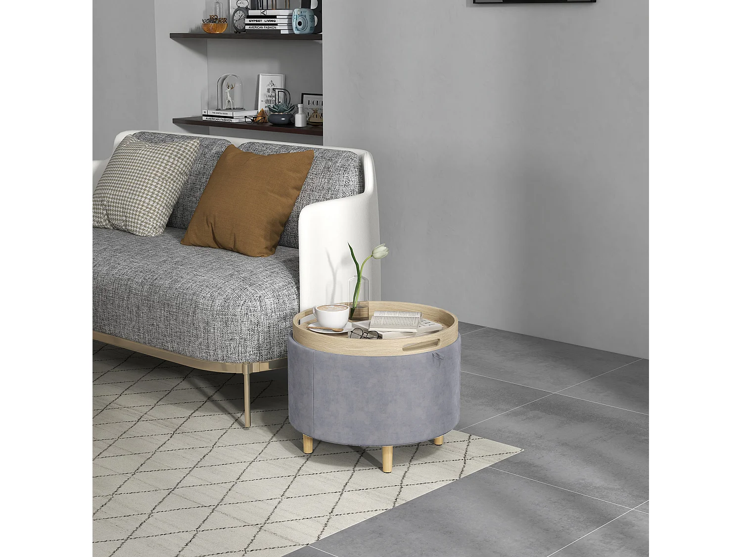 Pouf contenitore tessuto sherpa con vassoio a ribalta grigio