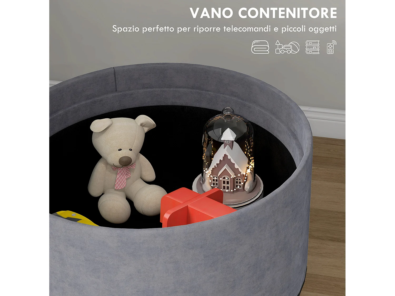 Pouf contenitore tessuto sherpa con vassoio a ribalta grigio