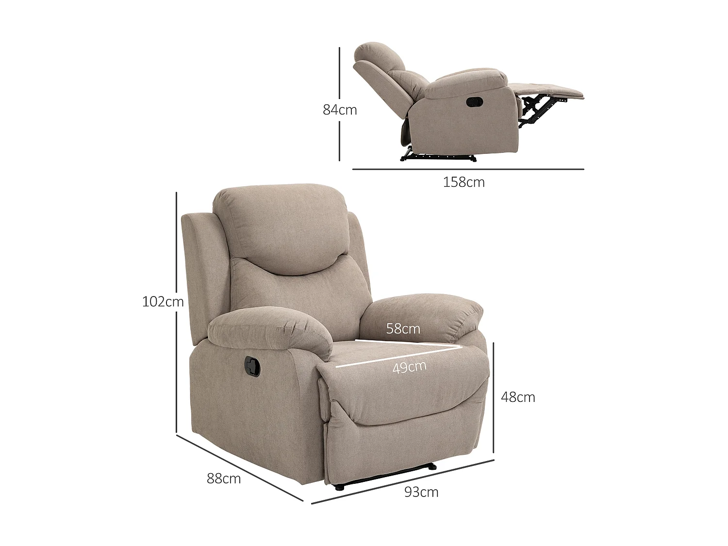 Poltrona relax reclinabile a 150° con poggiapiedi in tessuto beige