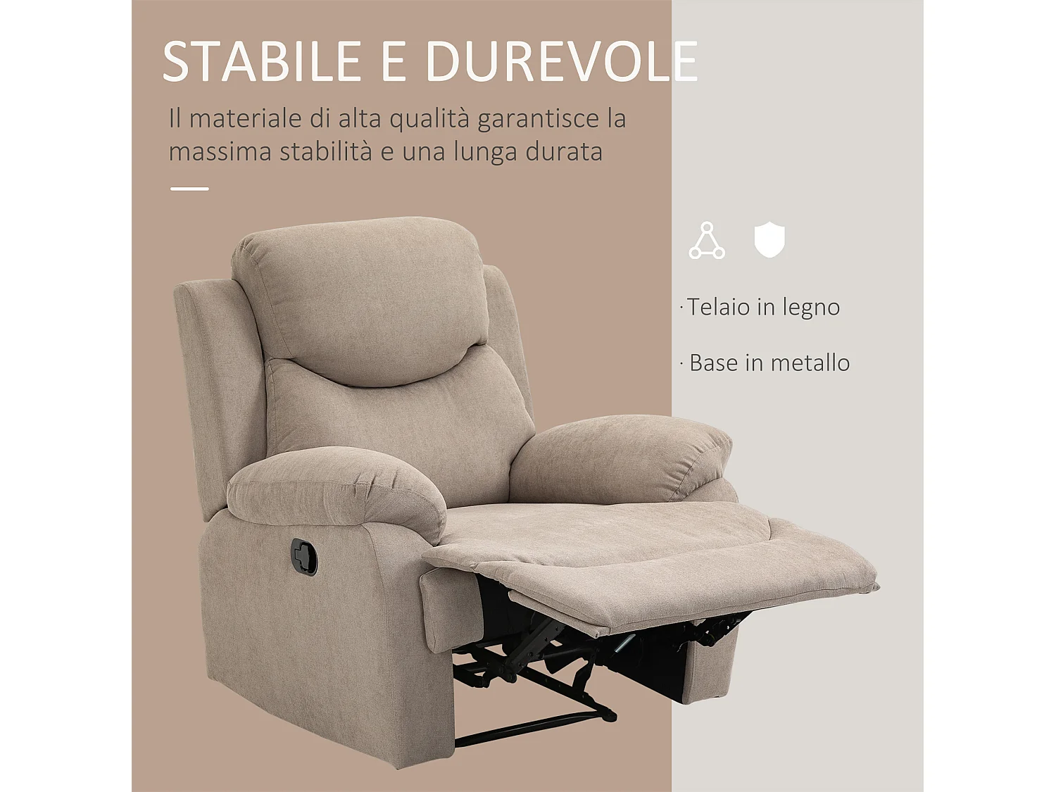 Poltrona relax reclinabile a 150° con poggiapiedi in tessuto beige
