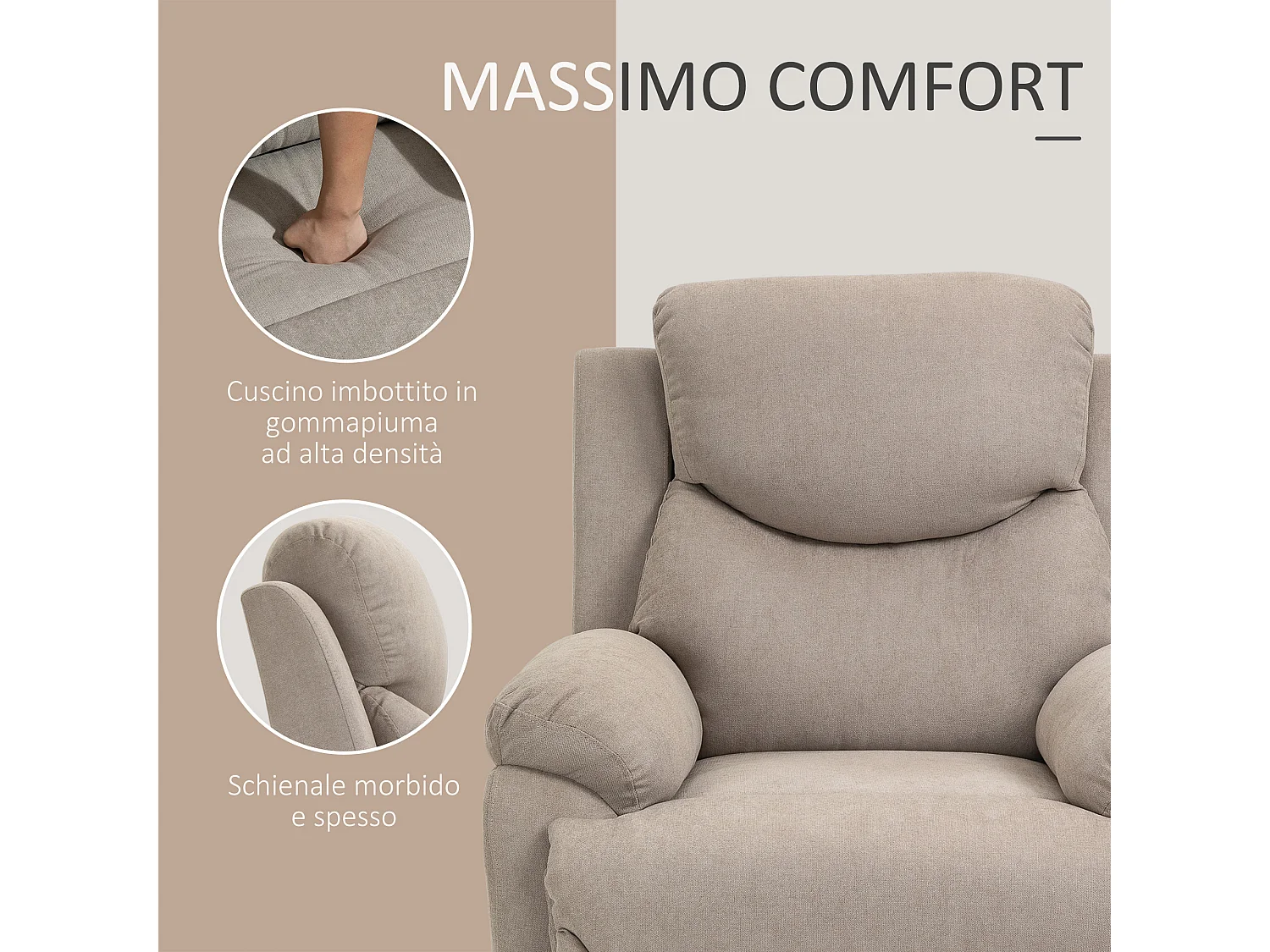 Poltrona relax reclinabile a 150° con poggiapiedi in tessuto beige