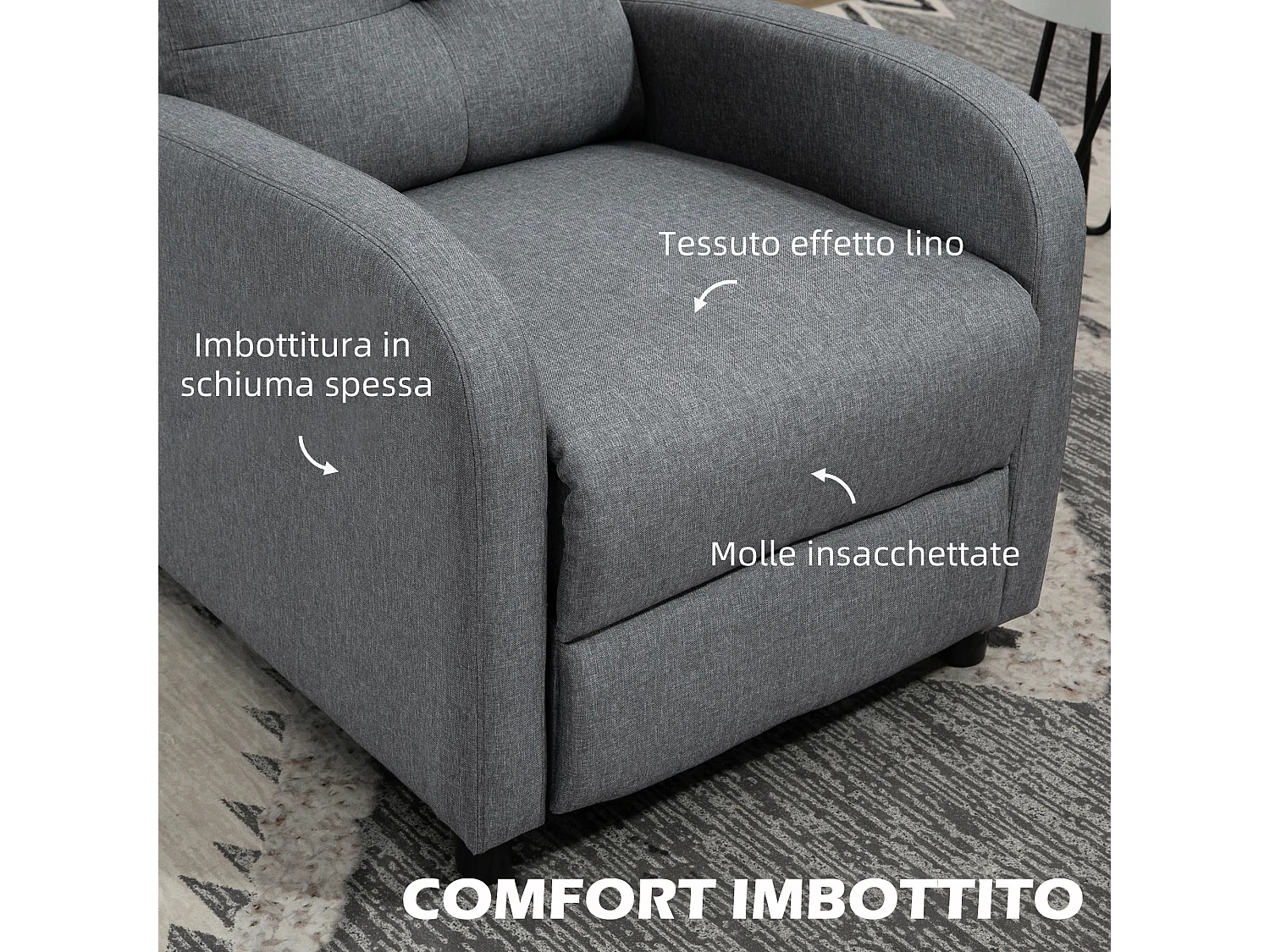 Poltrona reclinabile fino a 155° con poggiapiedi in tessuto grigio