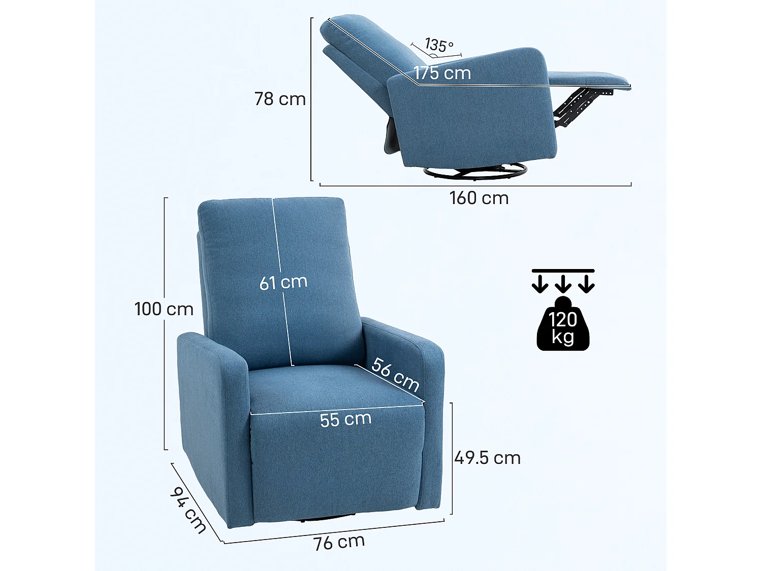 Poltrona relax reclinabile manualmente girevole e funzione dondolo blu