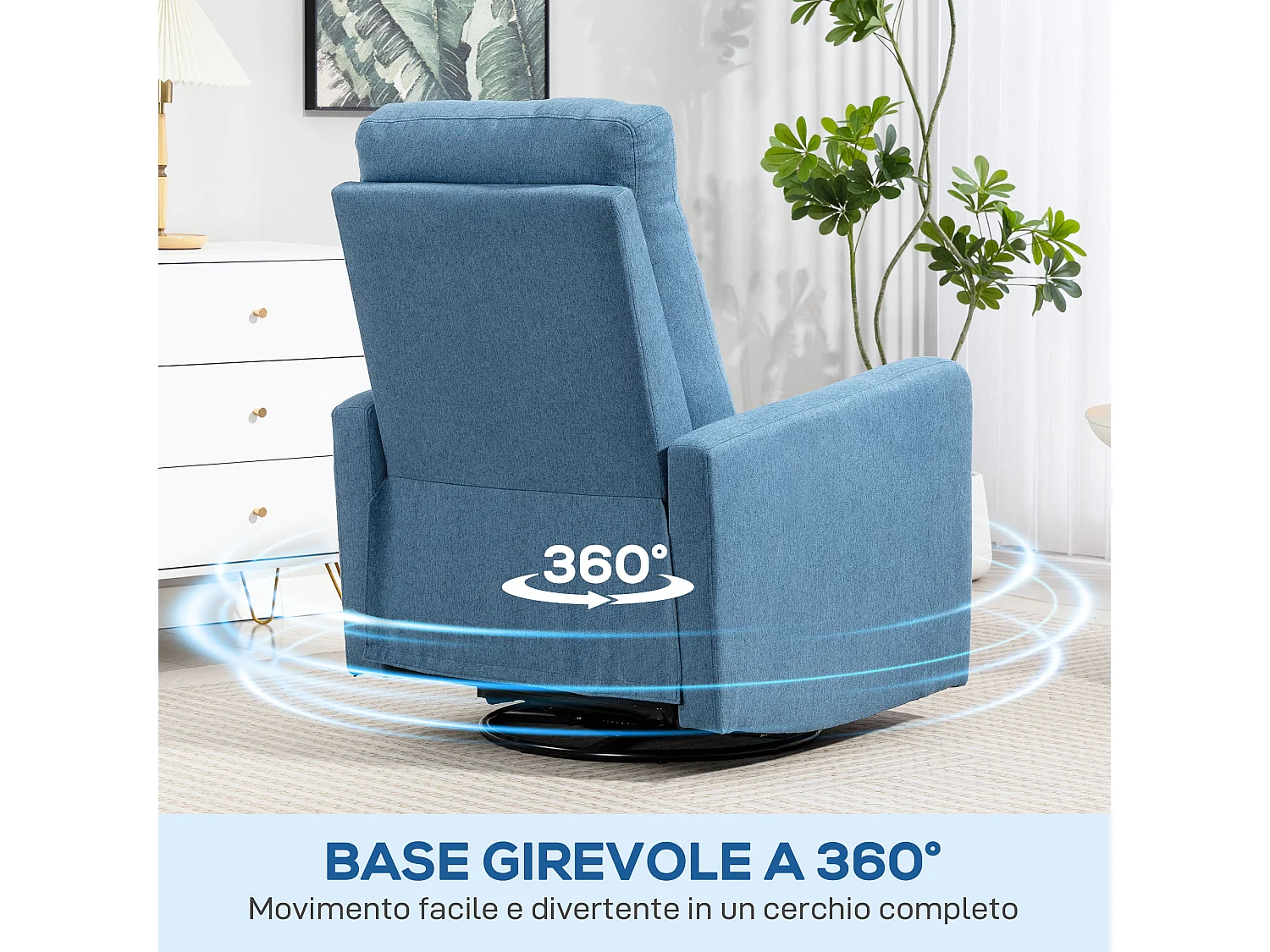 Poltrona relax reclinabile manualmente girevole e funzione dondolo blu