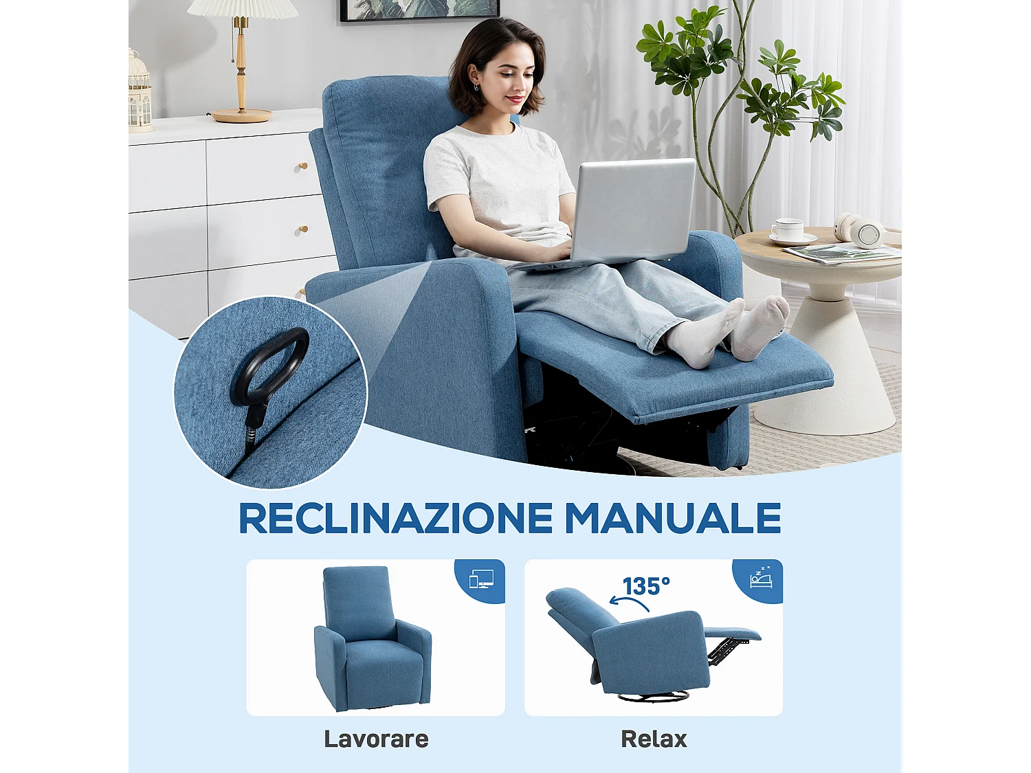 Poltrona relax reclinabile manualmente girevole e funzione dondolo blu