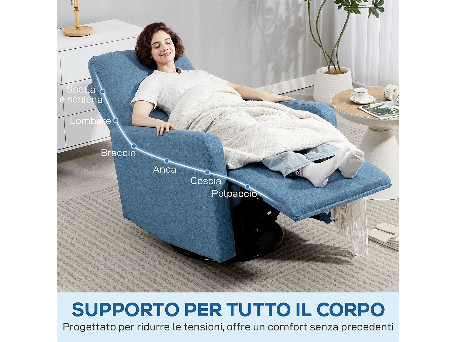 Poltrona relax reclinabile manualmente girevole e funzione dondolo blu