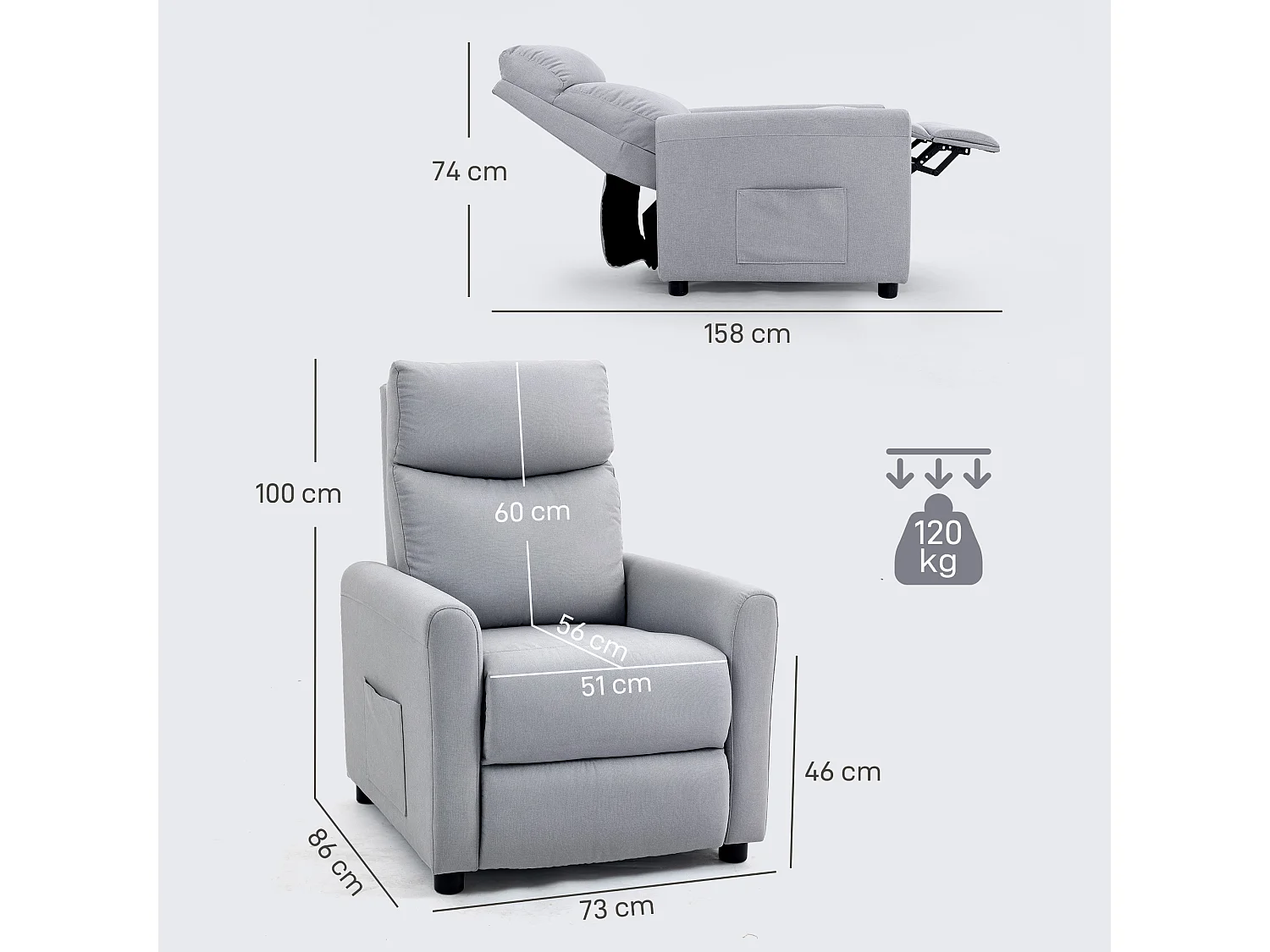 Poltrona reclinabile 135° max in tessuto effetto lino grigio chiaro