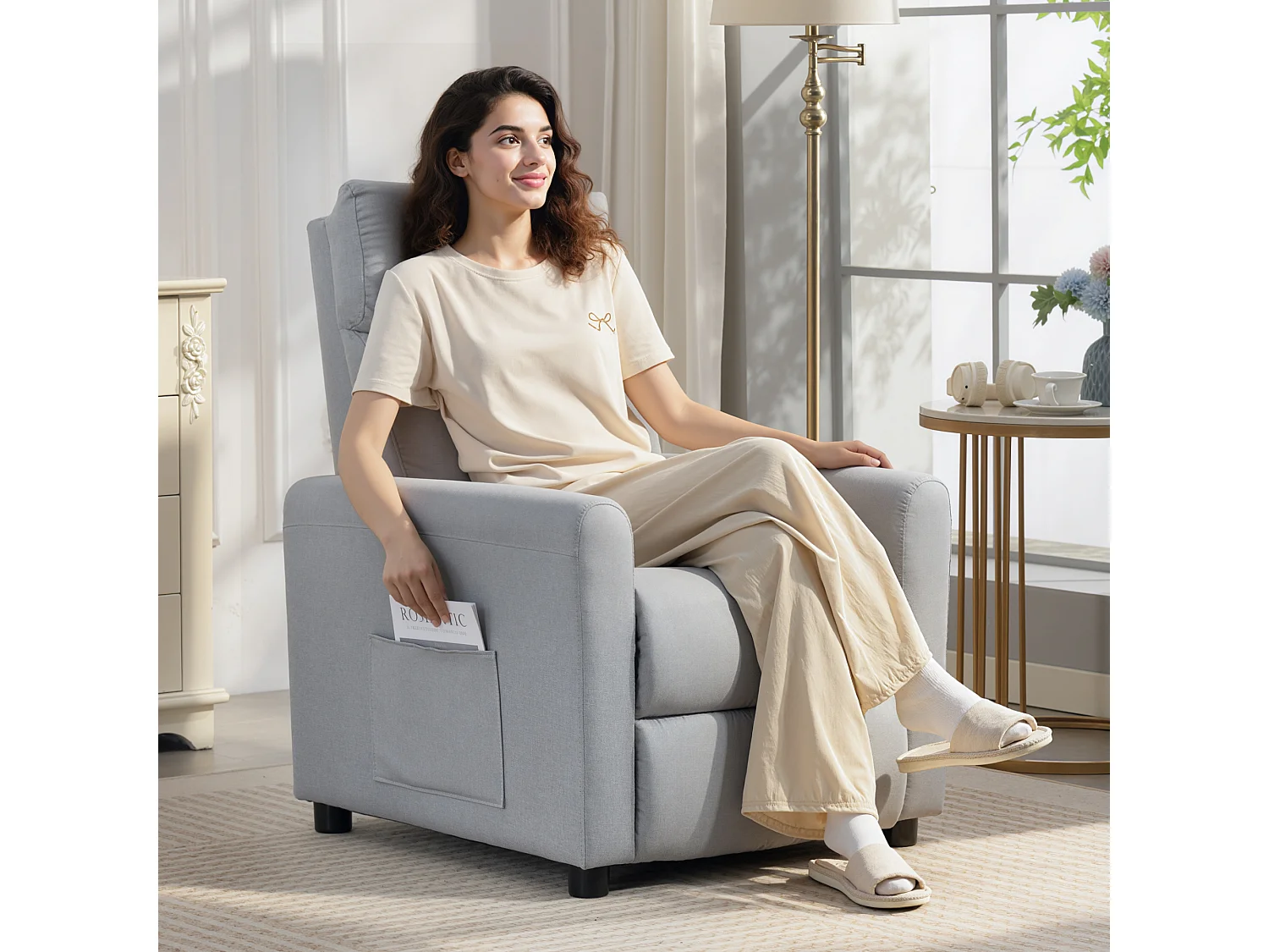 Poltrona reclinabile 135° max in tessuto effetto lino grigio chiaro