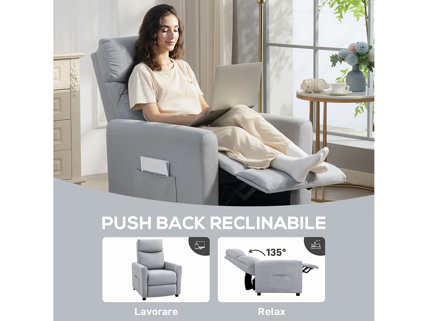 Poltrona reclinabile 135° max in tessuto effetto lino grigio chiaro