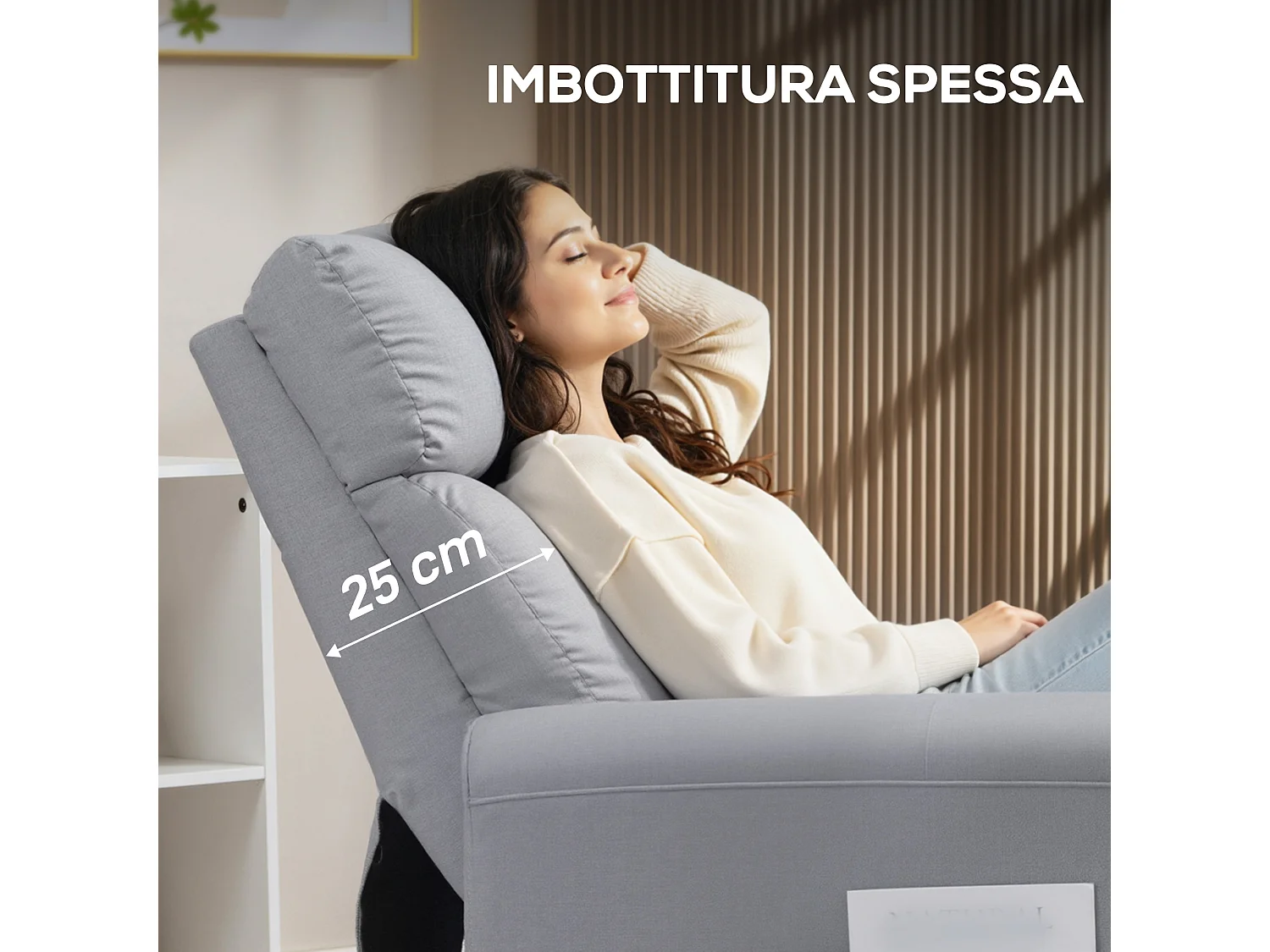 Poltrona reclinabile 135° max in tessuto effetto lino grigio chiaro