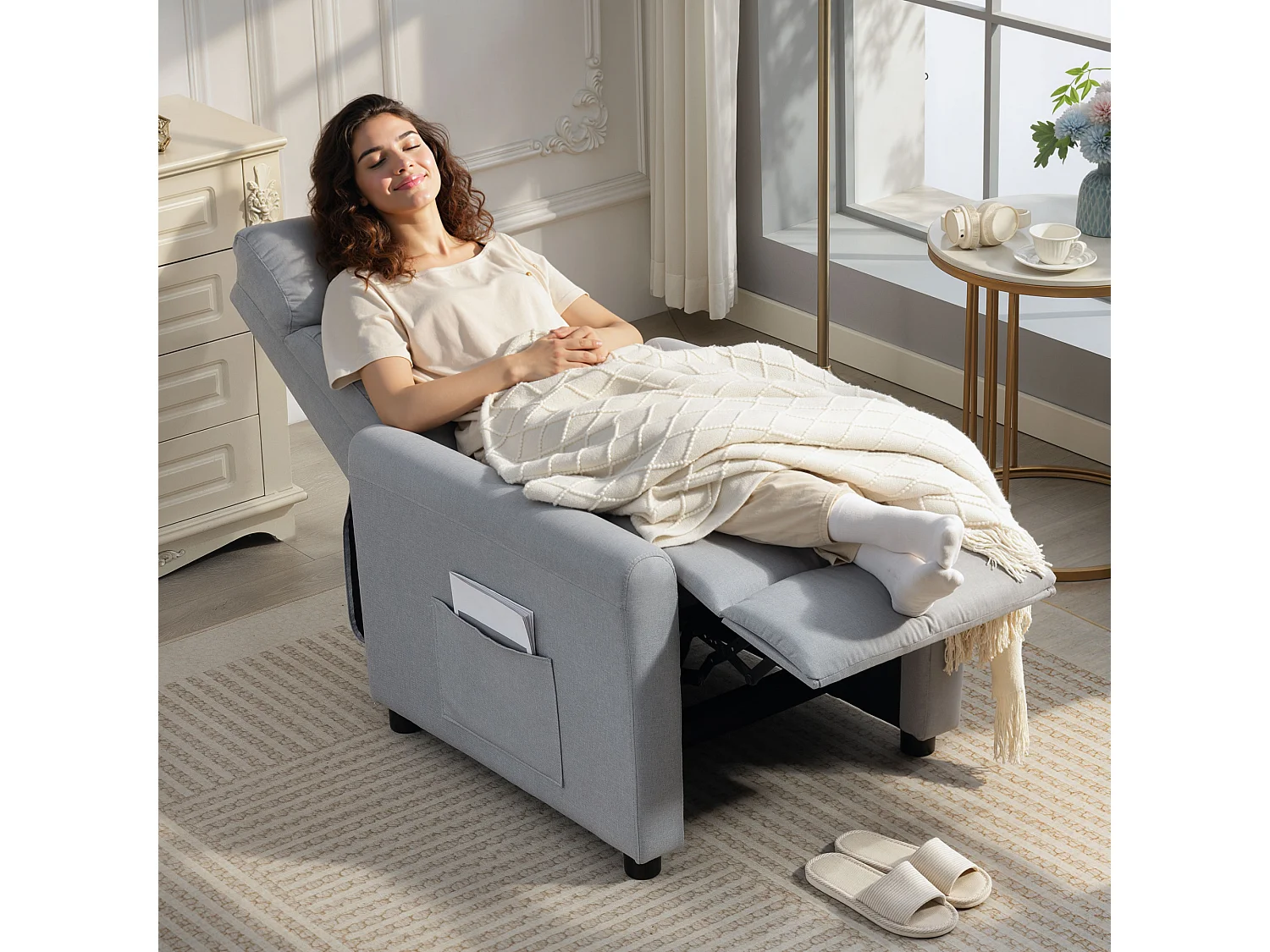 Poltrona reclinabile 135° max in tessuto effetto lino grigio chiaro