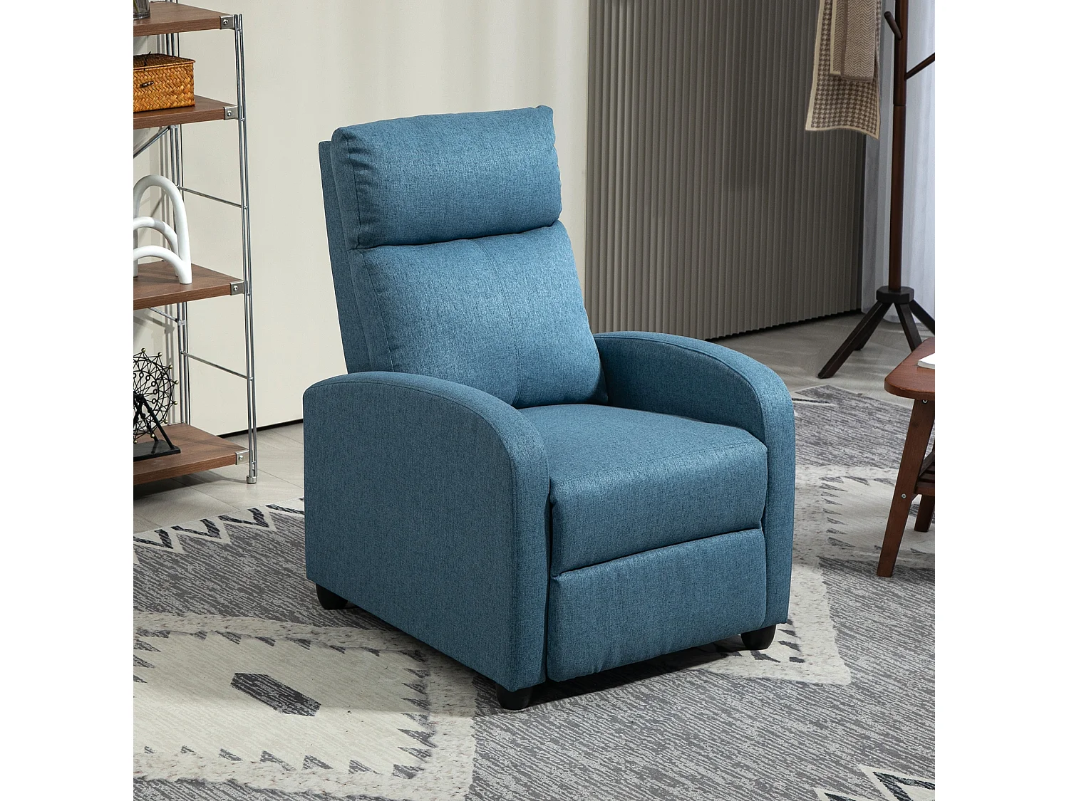 Poltrona reclinabile in tessuto effetto lino blu con poggiapiedi