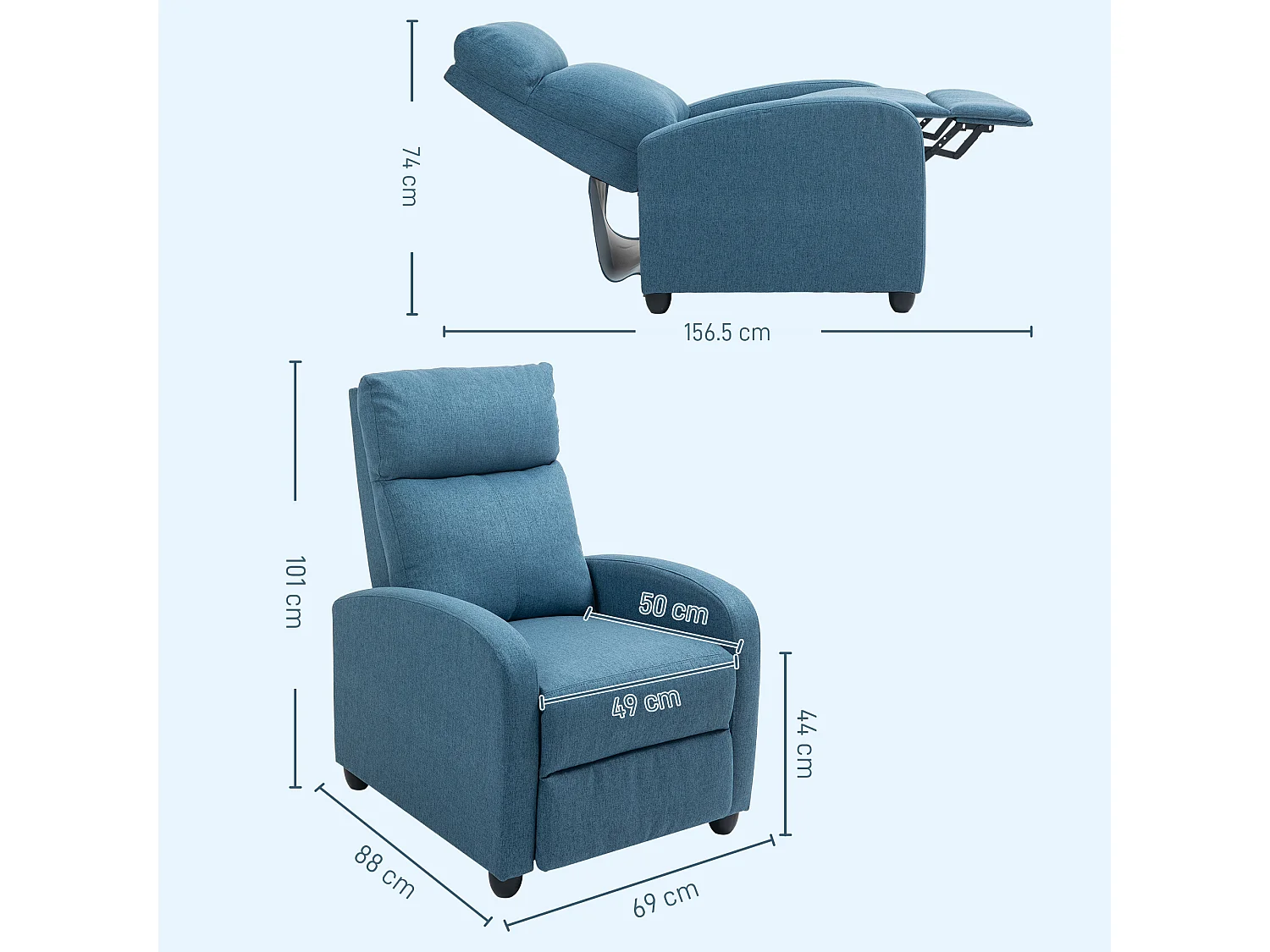 Poltrona reclinabile in tessuto effetto lino blu con poggiapiedi