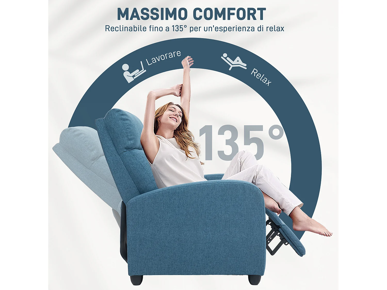 Poltrona reclinabile in tessuto effetto lino blu con poggiapiedi