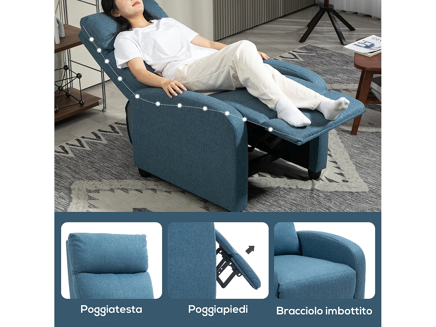Poltrona reclinabile in tessuto effetto lino blu con poggiapiedi
