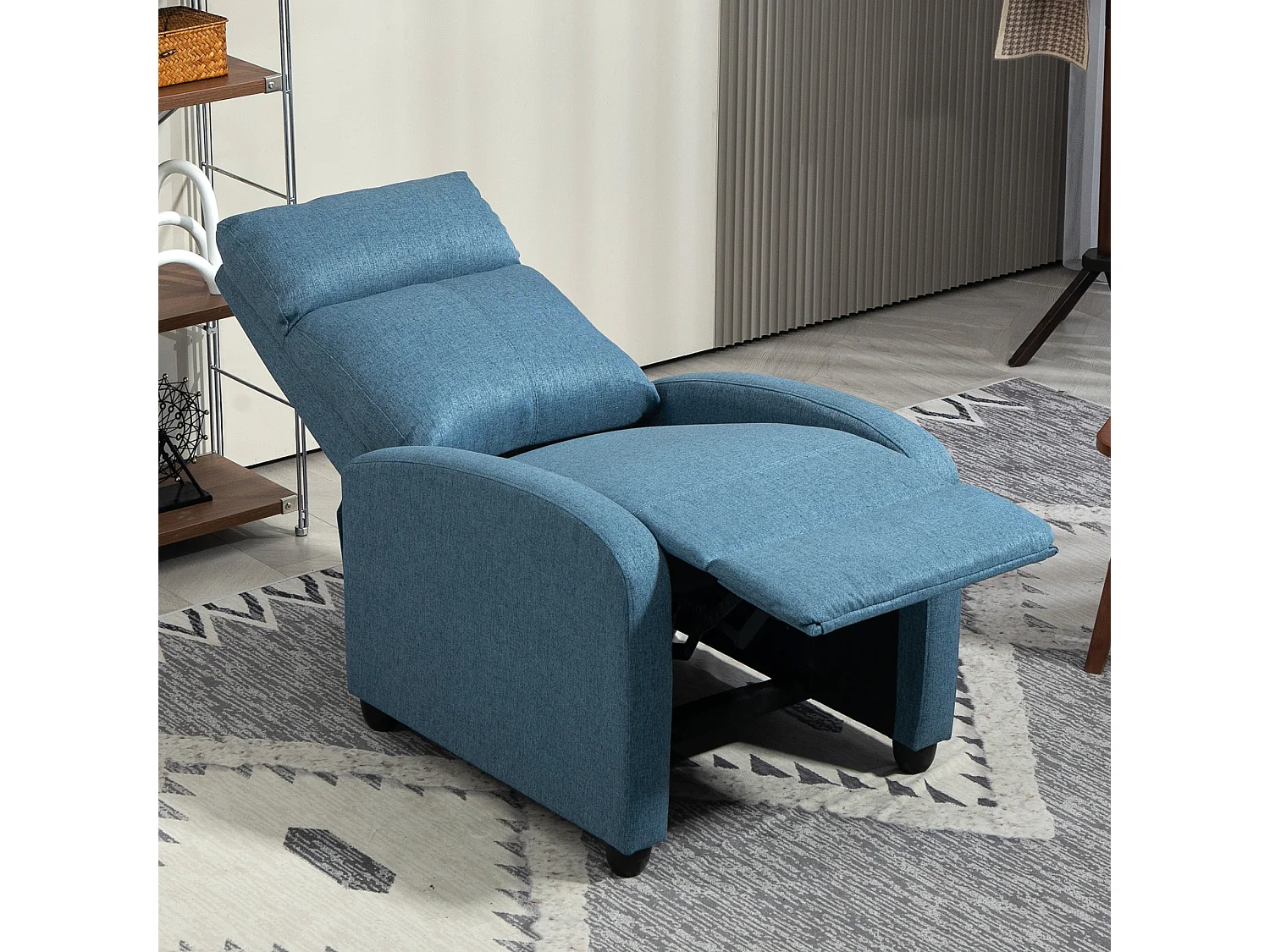 Poltrona reclinabile in tessuto effetto lino blu con poggiapiedi