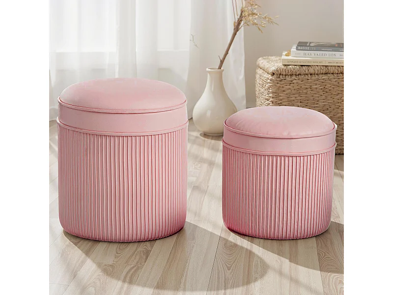 Set 2 pouf con contenitore impilabili e imbottiti in velluto rosa