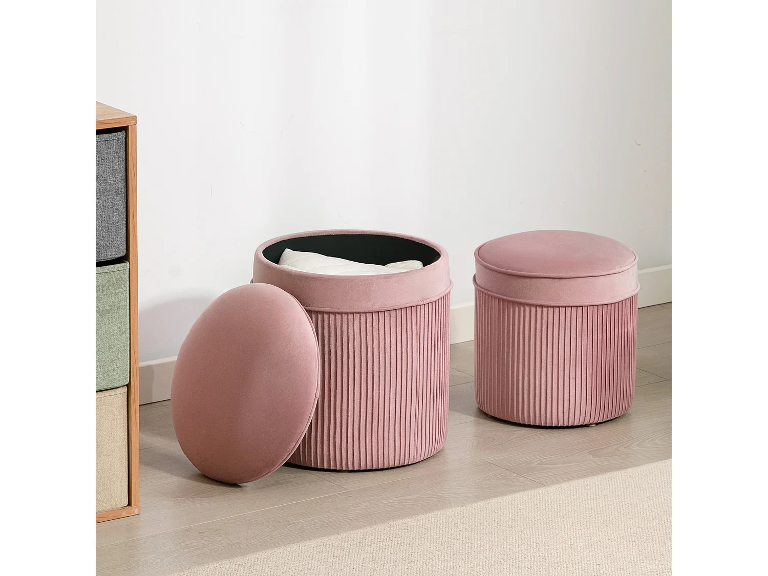 Set 2 pouf con contenitore impilabili e imbottiti in velluto rosa