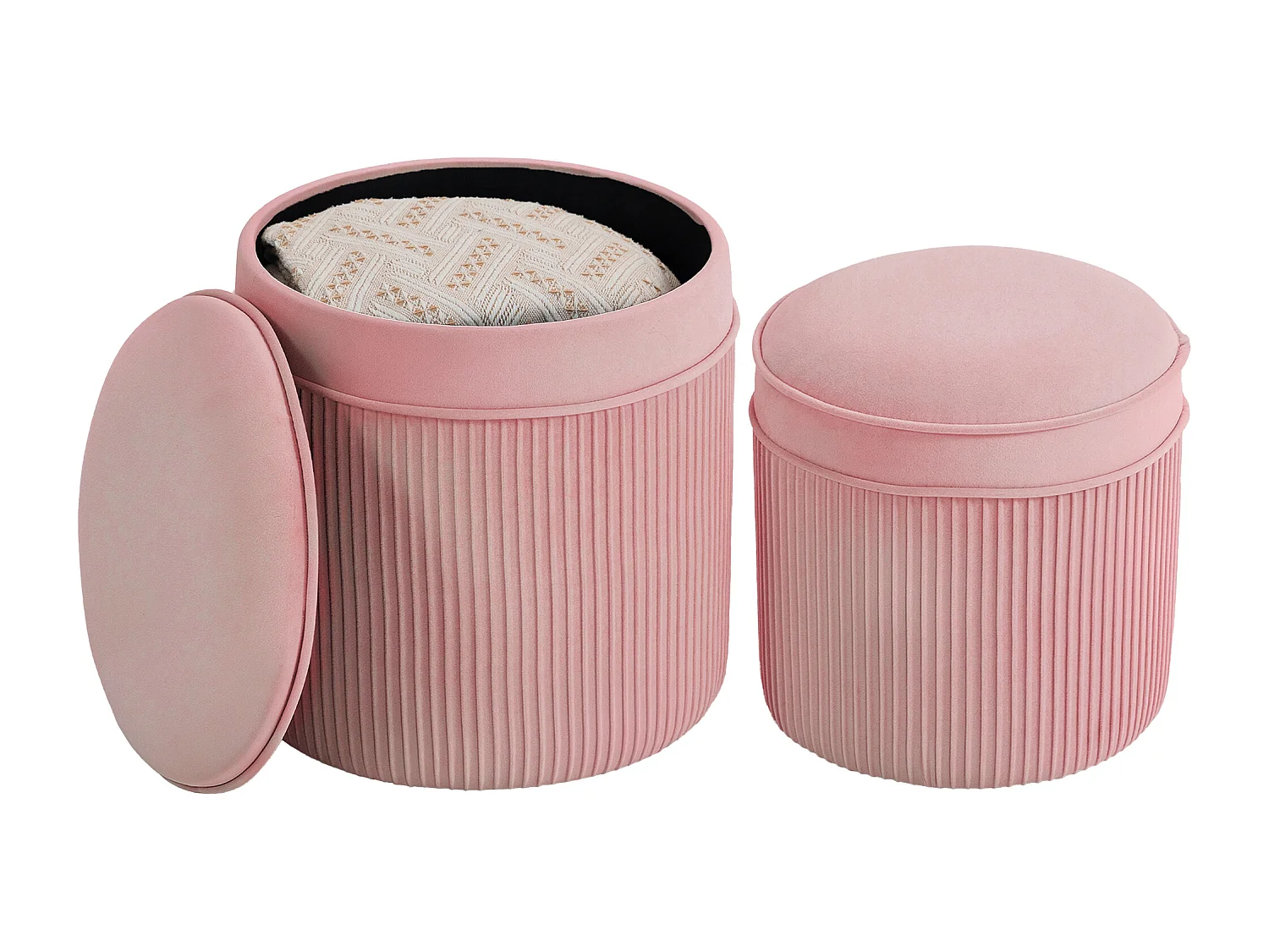 Set 2 pouf con contenitore impilabili e imbottiti in velluto rosa