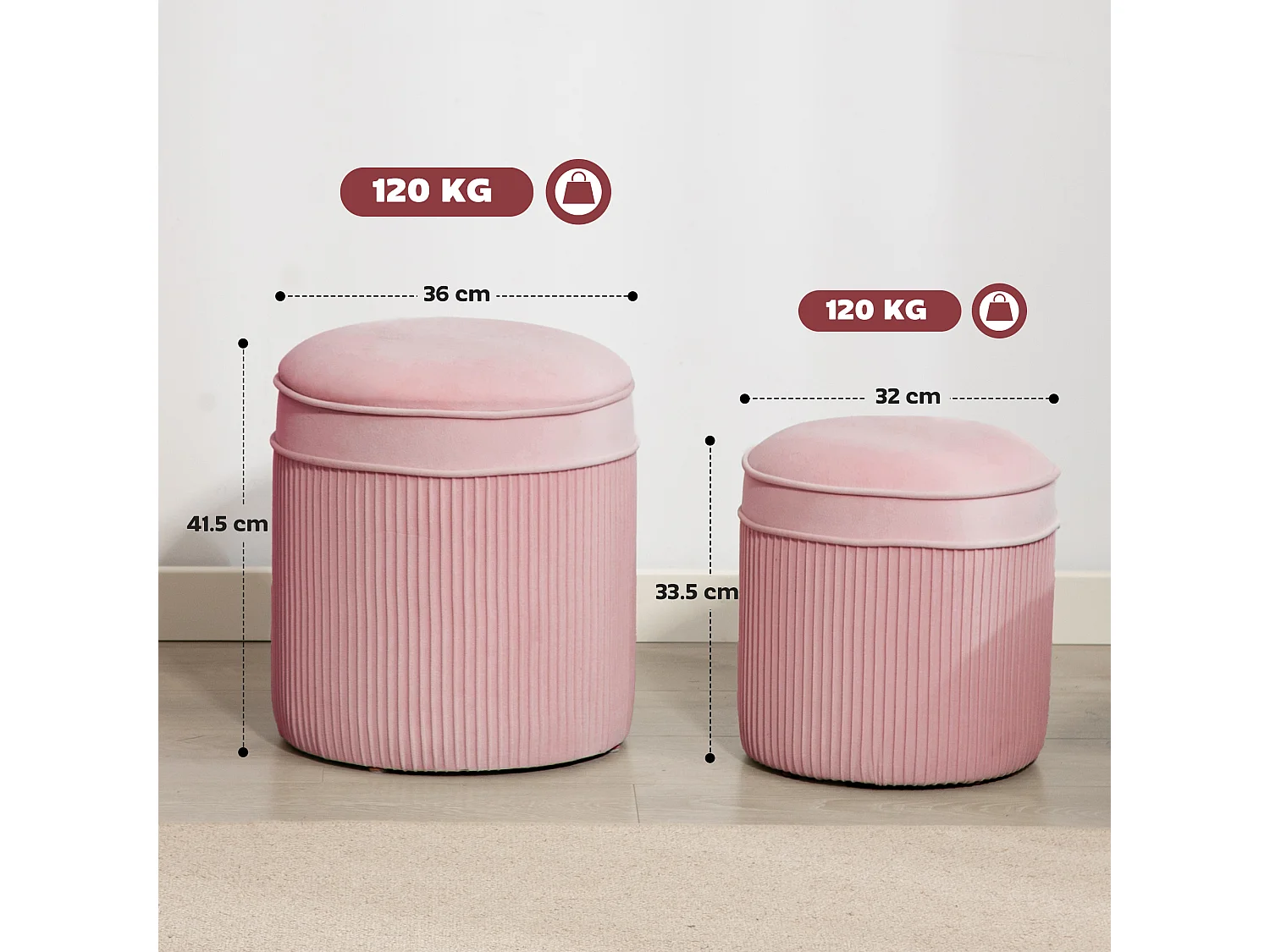 Set 2 pouf con contenitore impilabili e imbottiti in velluto rosa