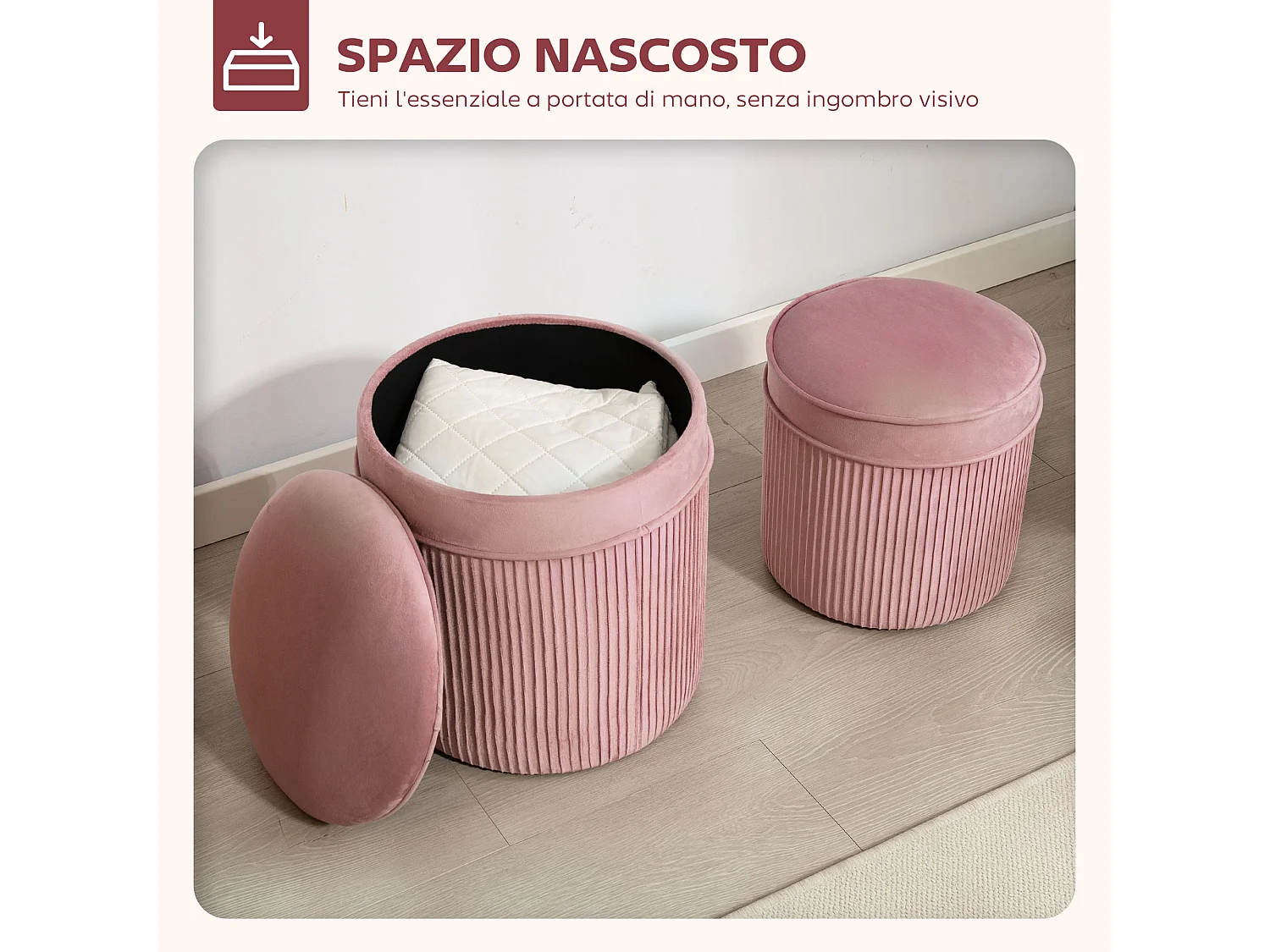 Set 2 pouf con contenitore impilabili e imbottiti in velluto rosa