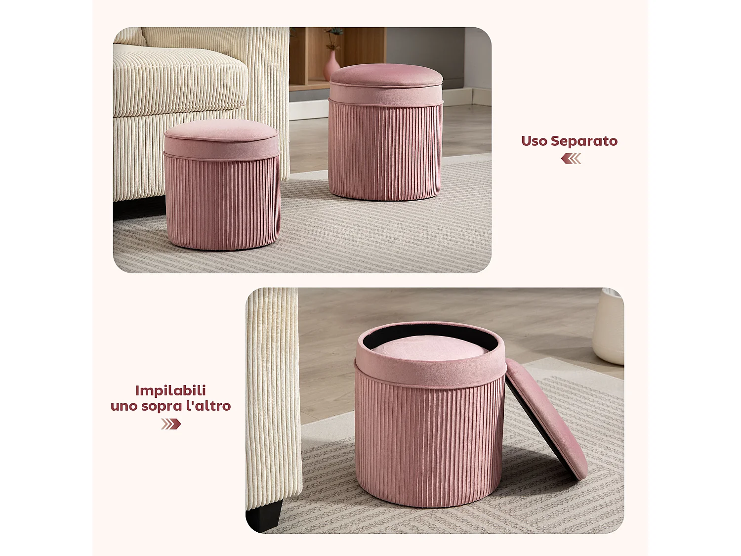 Set 2 pouf con contenitore impilabili e imbottiti in velluto rosa