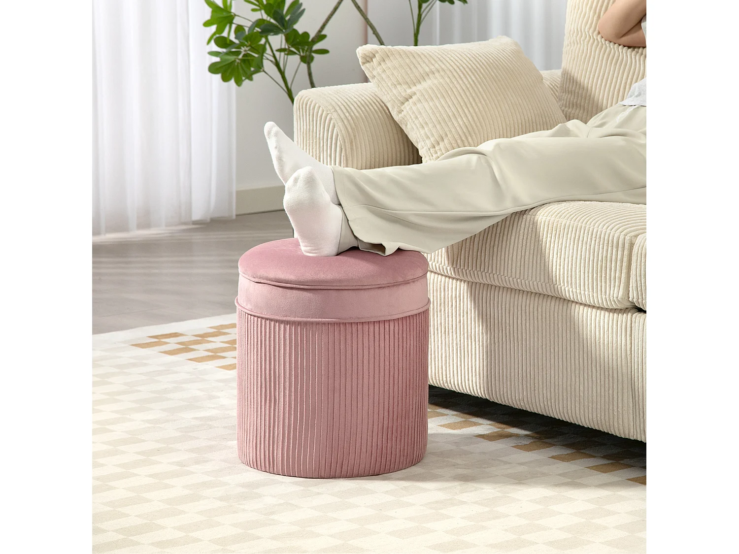 Set 2 pouf con contenitore impilabili e imbottiti in velluto rosa